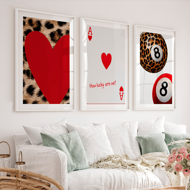 Lucky Hearts and 8 Ball Retro Wall Posters - White Framed Poster with White Border - Artworksets