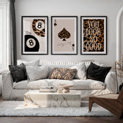 Retro Wall Posters Featuring Leopard Print and Lucky Symbols - Black Framed Poster with White Border - Artworksets