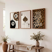 Retro Wall Posters Featuring Leopard Print and Lucky Symbols - Dark Brown Framed Poster No Border - Artworksets