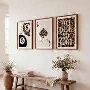 Retro Wall Posters Featuring Leopard Print and Lucky Symbols - Dark Brown Framed Poster with White Border - Artworksets