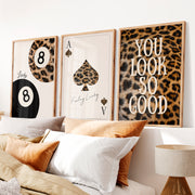 Retro Wall Posters Featuring Leopard Print and Lucky Symbols - Natural Wood Framed Poster No Border - Artworksets