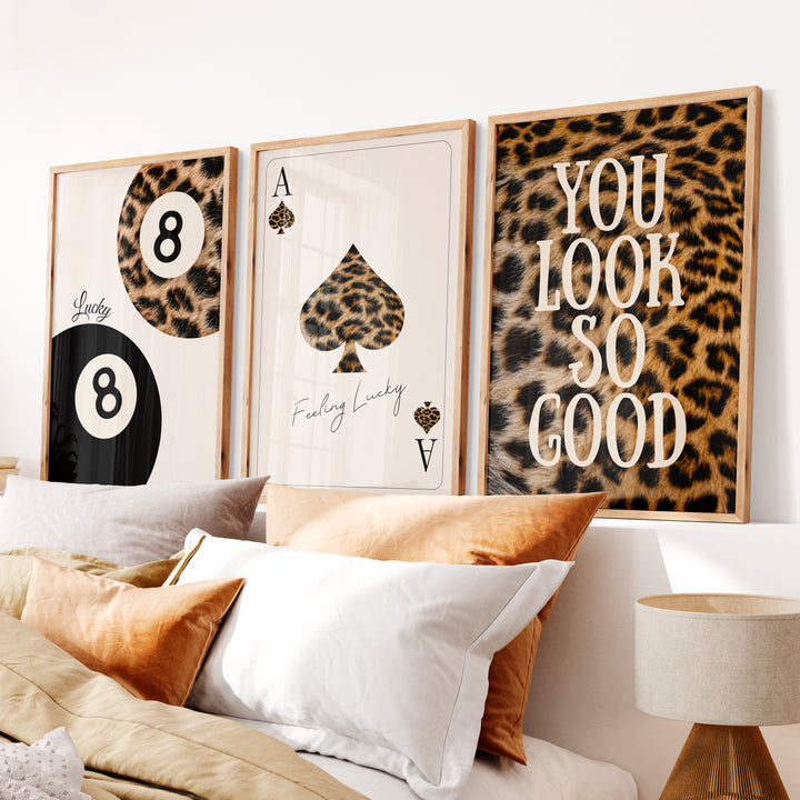 Retro Wall Posters Featuring Leopard Print and Lucky Symbols - Natural Wood Framed Poster No Border - Artworksets