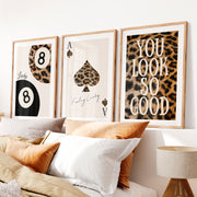 Retro Wall Posters Featuring Leopard Print and Lucky Symbols- Natural Wood Framed Poster with White Border - Artworksets