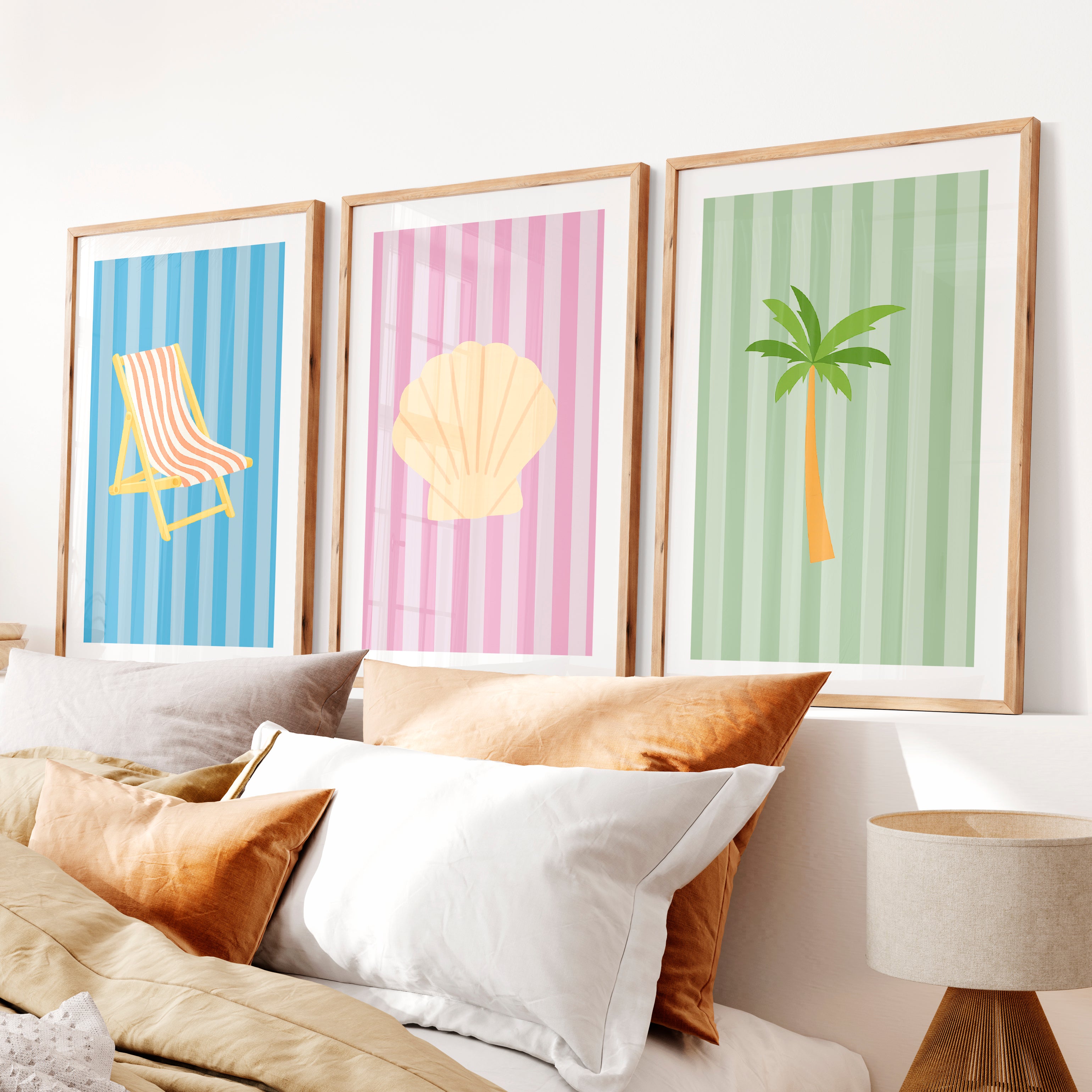 Pastel Beach retro wall prints- Natural Wood Framed Poster with White Border - Artworksets