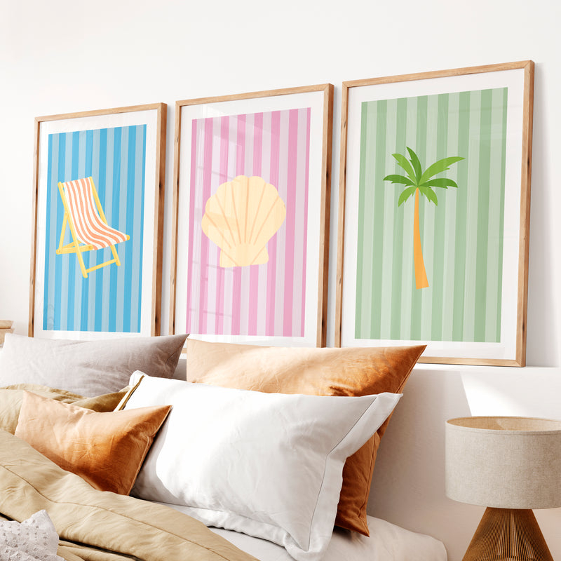 Pastel Beach retro wall prints- Natural Wood Framed Poster with White Border - Artworksets