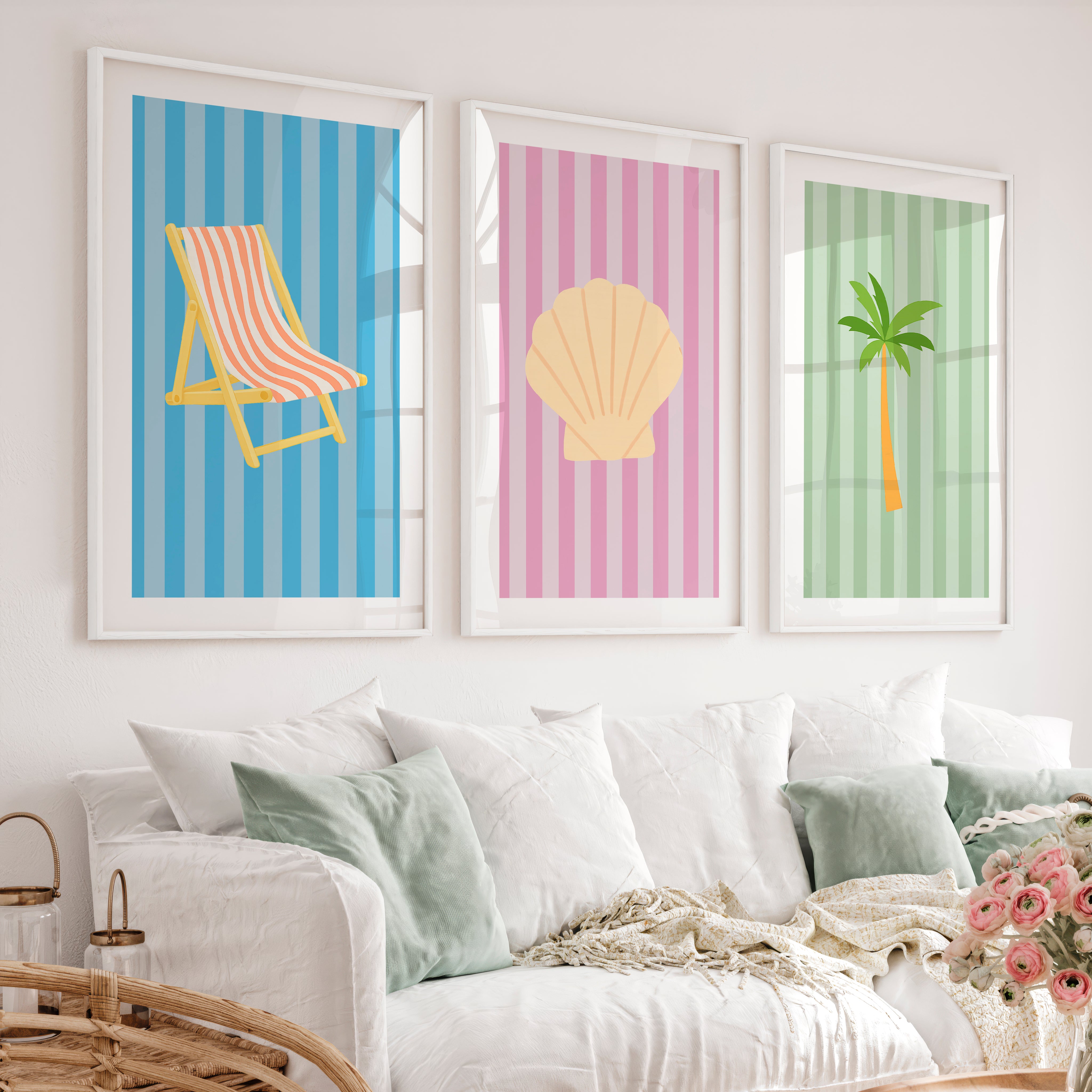 Pastel Beach retro wall prints - White Framed Poster with White Border - Artworksets