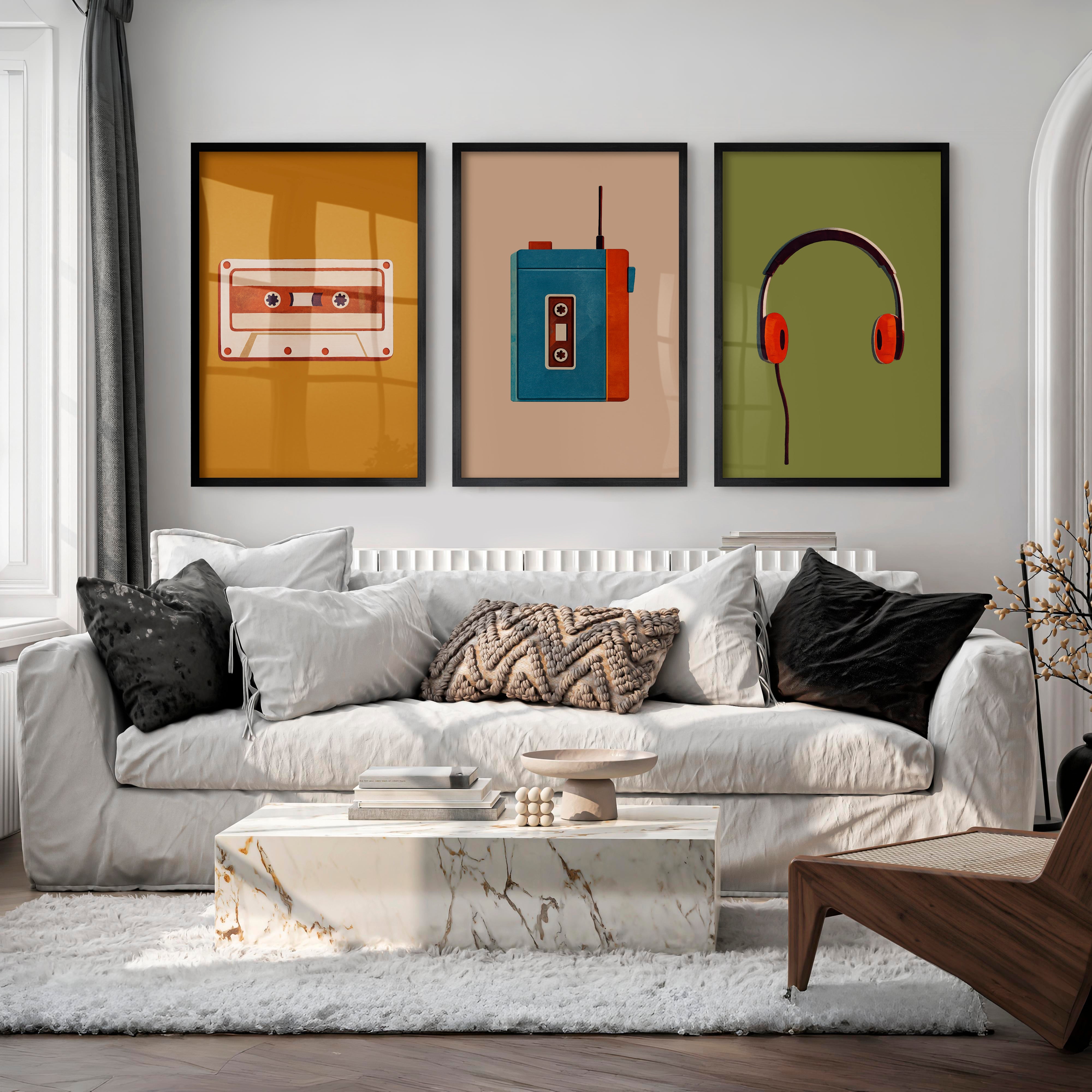 Retro Wall Prints with Cassette Player and Headphones - Black Framed Poster No Border - Artworksets
