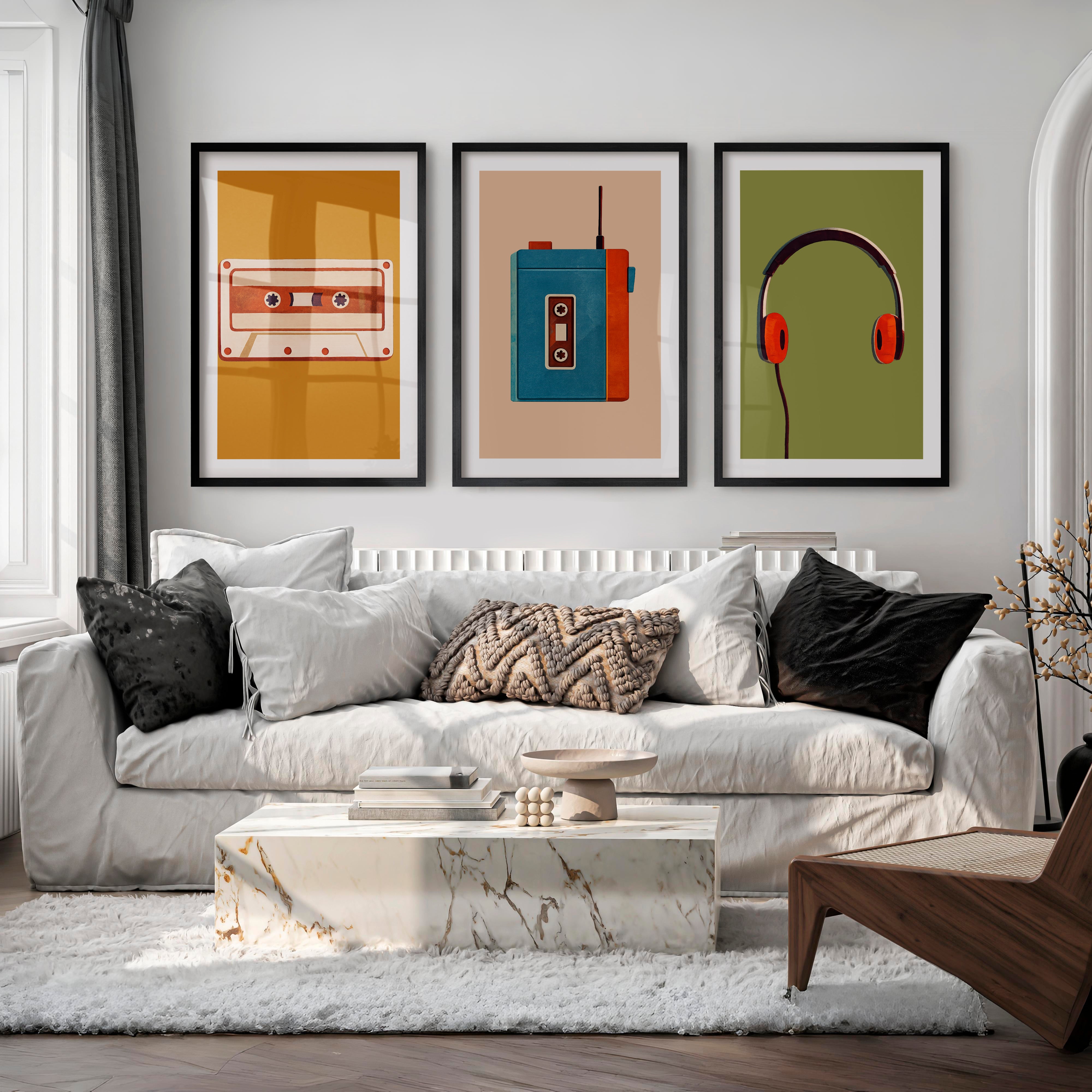 Retro Wall Prints with Cassette Player and Headphones - Black Framed Poster with White Border - Artworksets