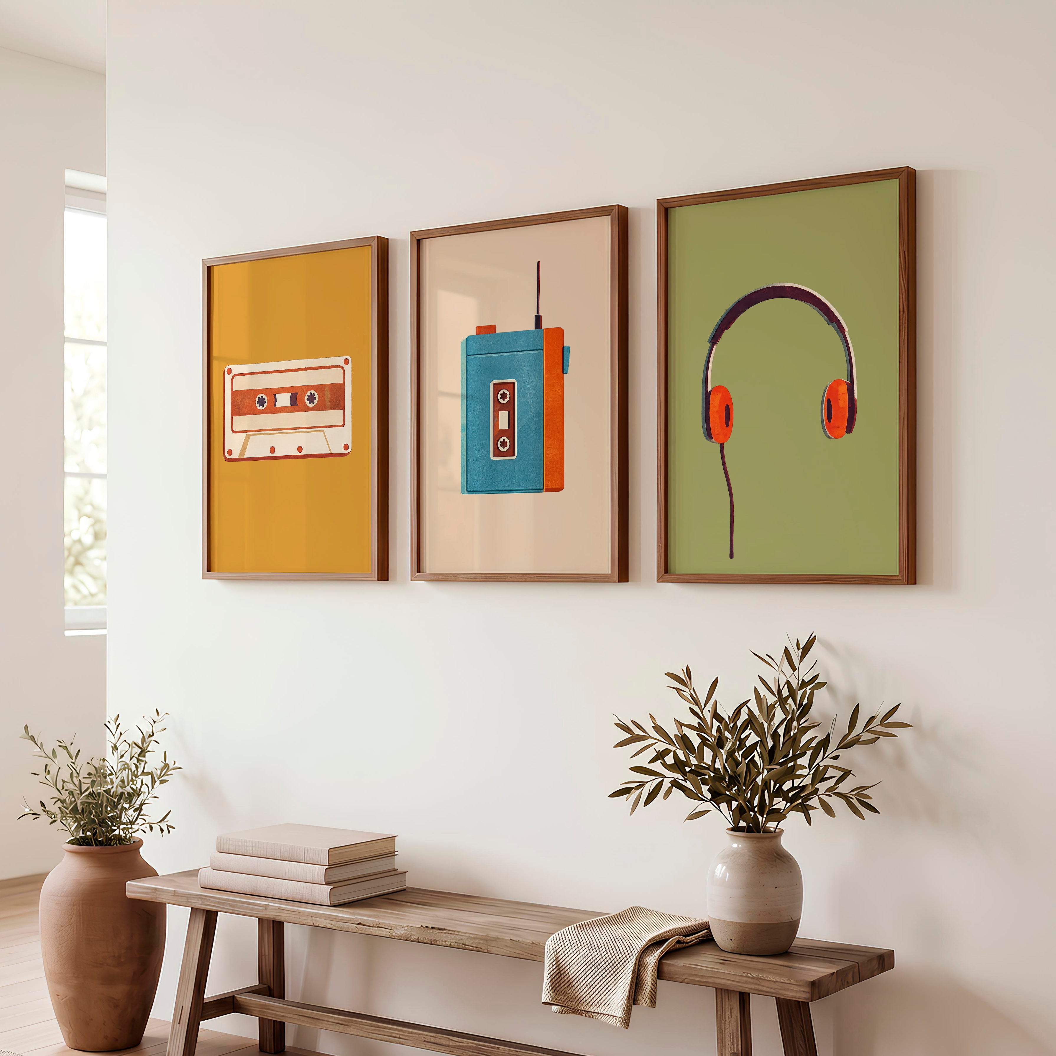 Retro Wall Prints with Cassette Player and Headphones - Dark Brown Framed Poster No Border - Artworksets
