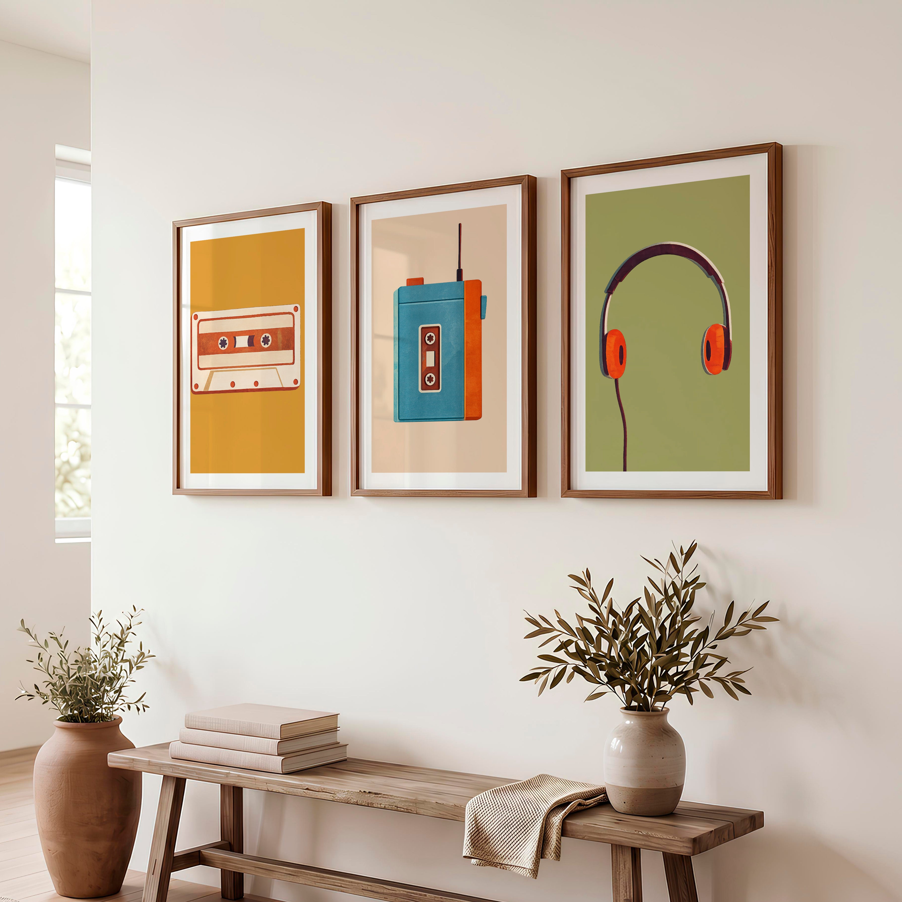 Retro Wall Prints with Cassette Player and Headphones - Dark Brown Framed Poster with White Border - Artworksets