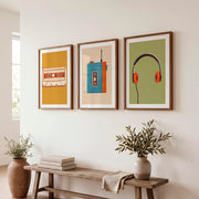 Retro Wall Prints with Cassette Player and Headphones - Dark Brown Framed Poster with White Border - Artworksets