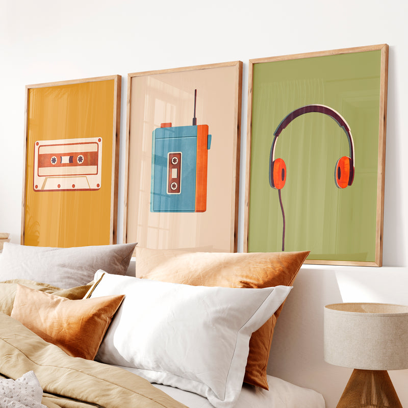 Retro Wall Prints with Cassette Player and Headphones - Natural Wood Framed Poster No Border - Artworksets