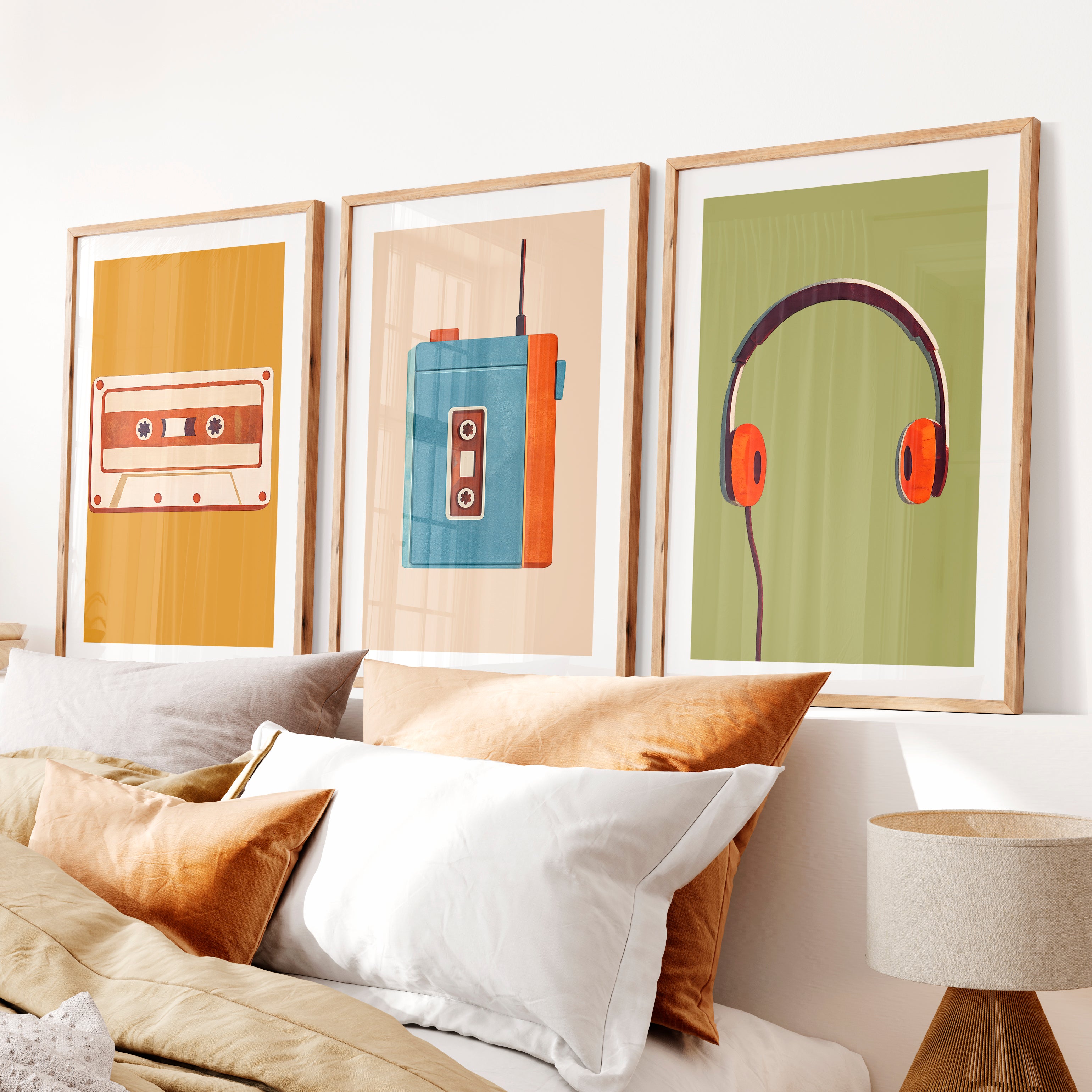 Retro Wall Prints with Cassette Player and Headphones- Natural Wood Framed Poster with White Border - Artworksets