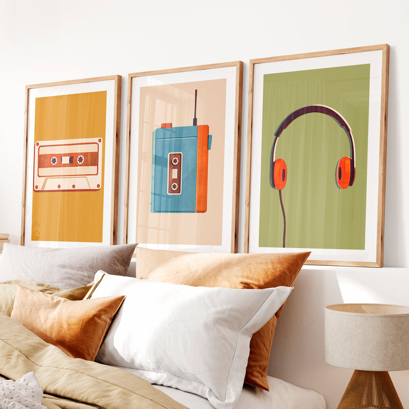 Retro Wall Prints with Cassette Player and Headphones- Natural Wood Framed Poster with White Border - Artworksets