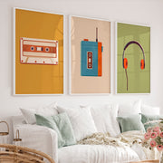 Retro Wall Prints with Cassette Player and Headphones - White Framed Poster No Border - Artworksets