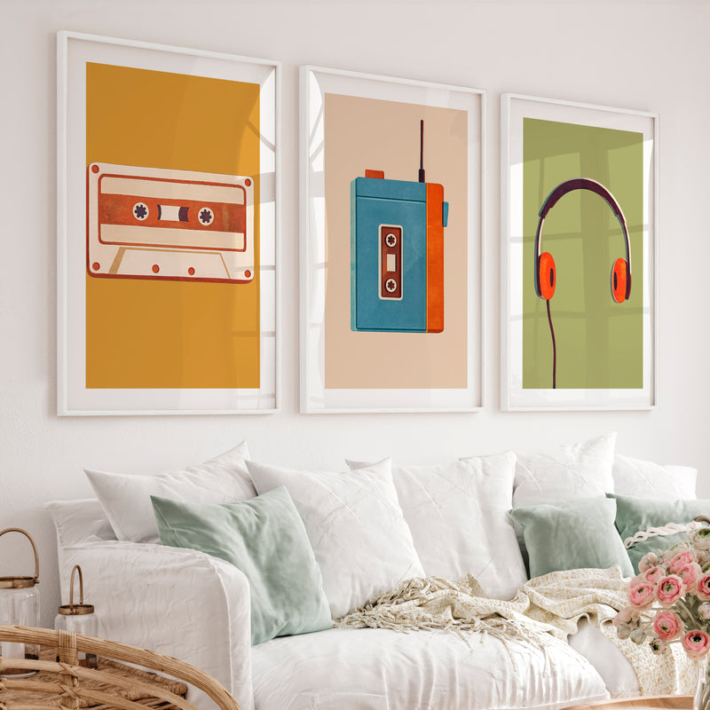 Retro Wall Prints with Cassette Player and Headphones - White Framed Poster with White Border - Artworksets