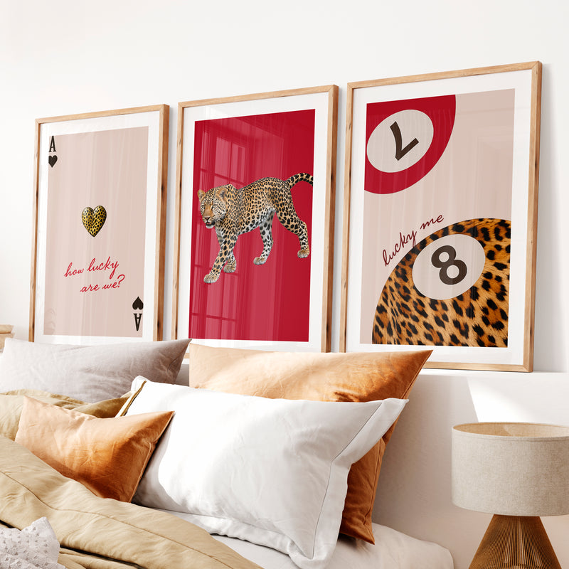Lucky Leopard retro wall prints- Natural Wood Framed Poster with White Border - Artworksets