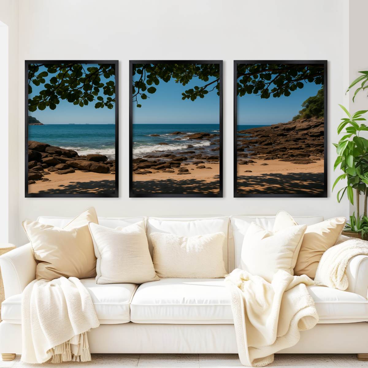 Rocky Beach Midday Shade Triptych – Tranquil Coastal Wall Art

 - Black Framed Poster No Border - Artworksets
