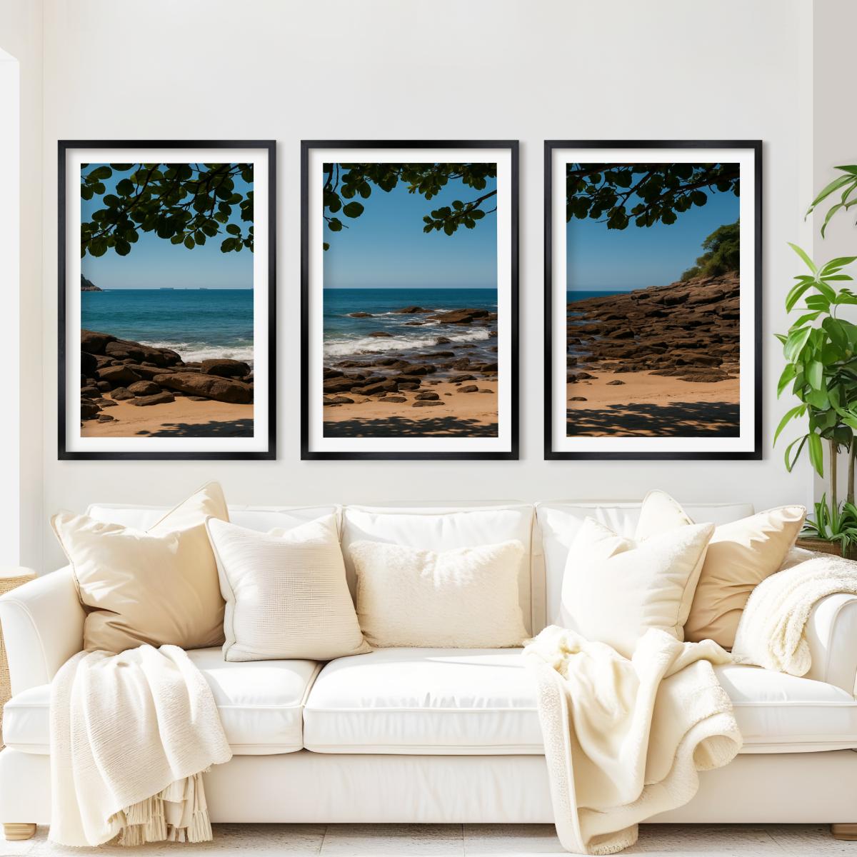 Rocky Beach Midday Shade Triptych – Tranquil Coastal Wall Art

 - Black Framed Poster with White Border - Artworksets