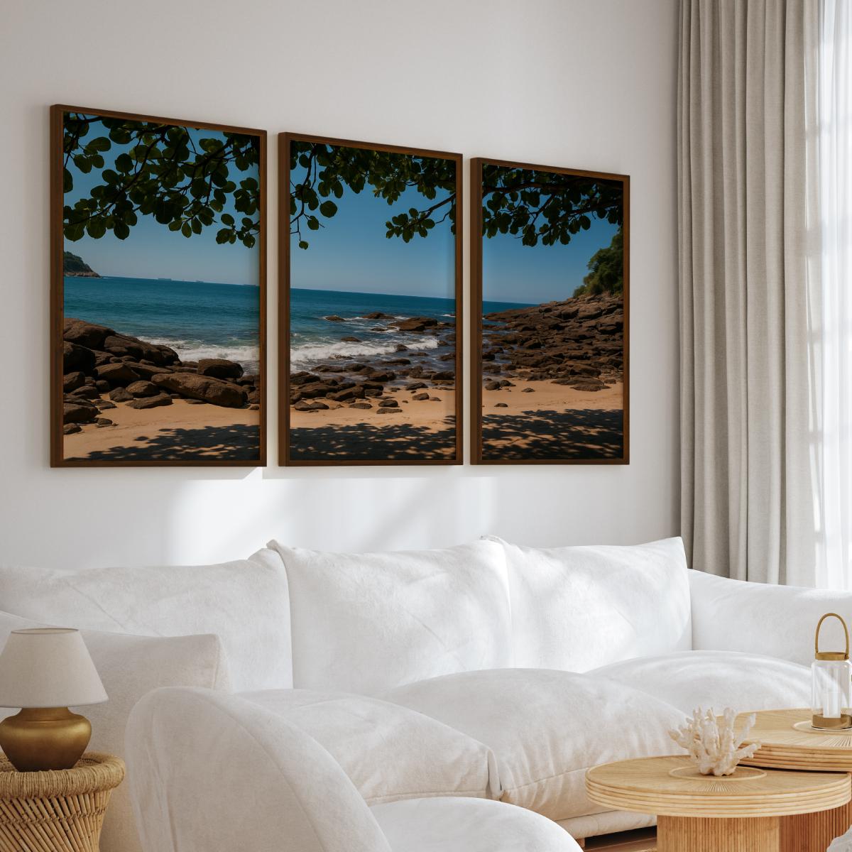 Rocky Beach Midday Shade Triptych – Tranquil Coastal Wall Art

 - Dark Brown Framed Poster No Border - Artworksets