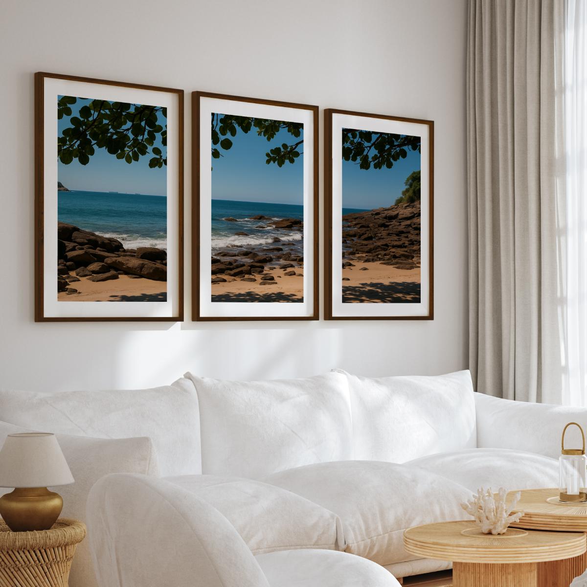 Rocky Beach Midday Shade Triptych – Tranquil Coastal Wall Art

 - Dark Brown Framed Poster with White Border - Artworksets
