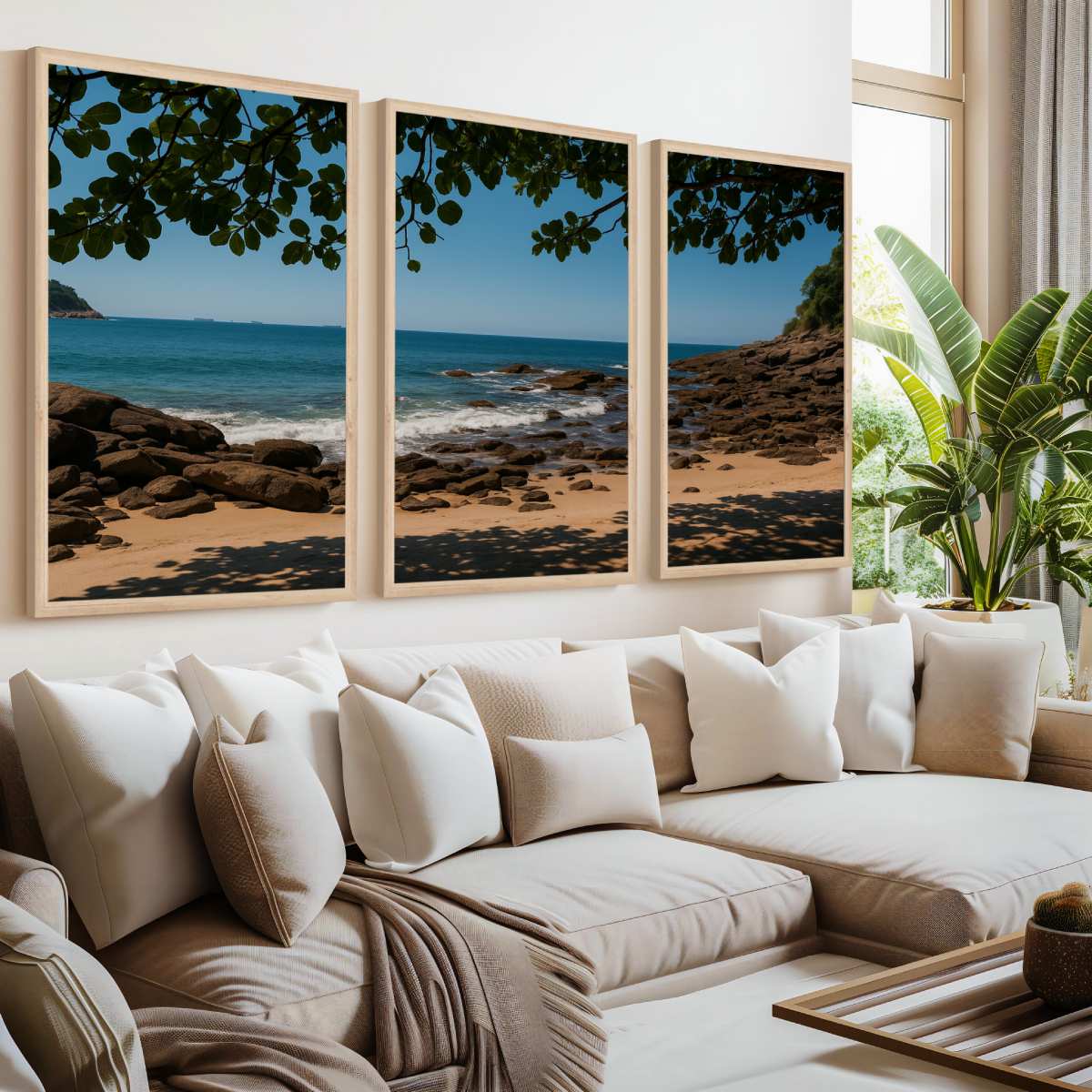Rocky Beach Midday Shade Triptych – Tranquil Coastal Wall Art

 - Natural Wood Framed Poster No Border - Artworksets