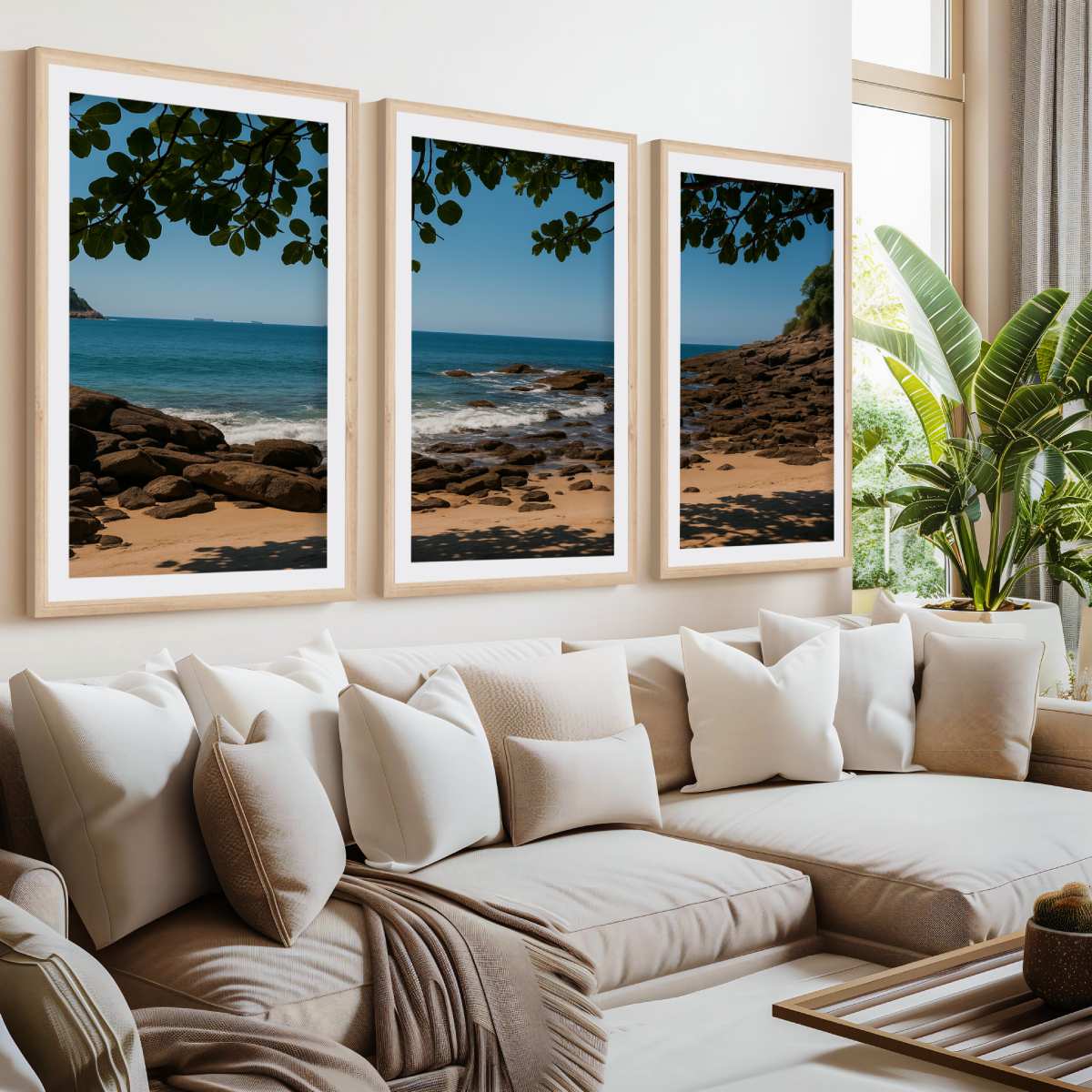 Rocky Beach Midday Shade Triptych – Tranquil Coastal Wall Art

- Natural Wood Framed Poster with White Border - Artworksets