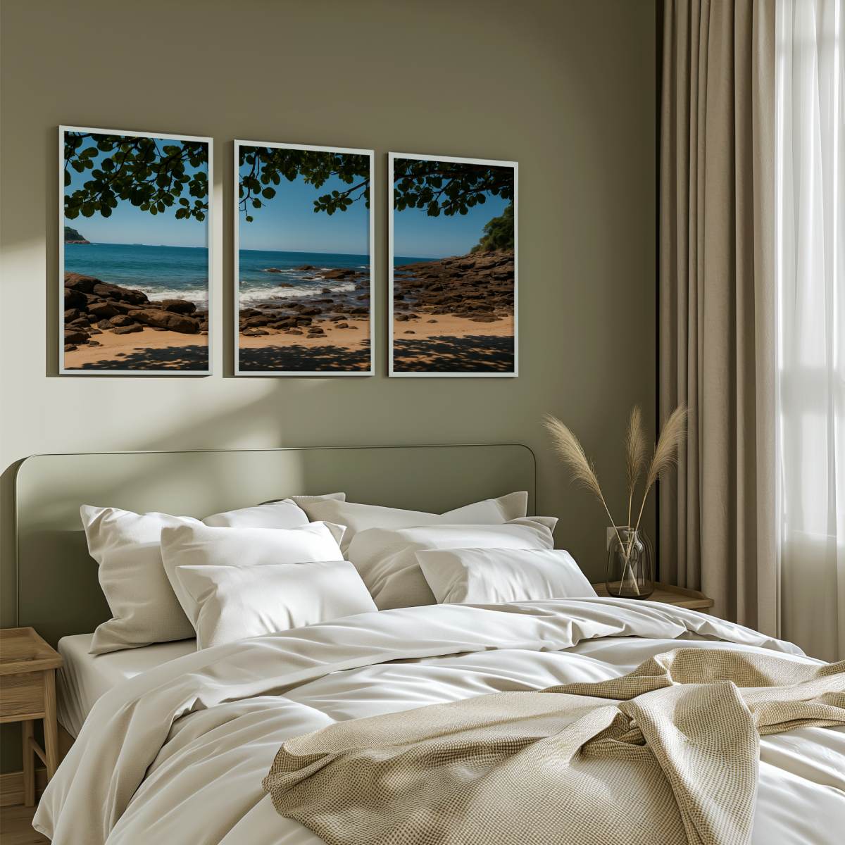 Rocky Beach Midday Shade Triptych – Tranquil Coastal Wall Art

 - White Framed Poster No Border - Artworksets