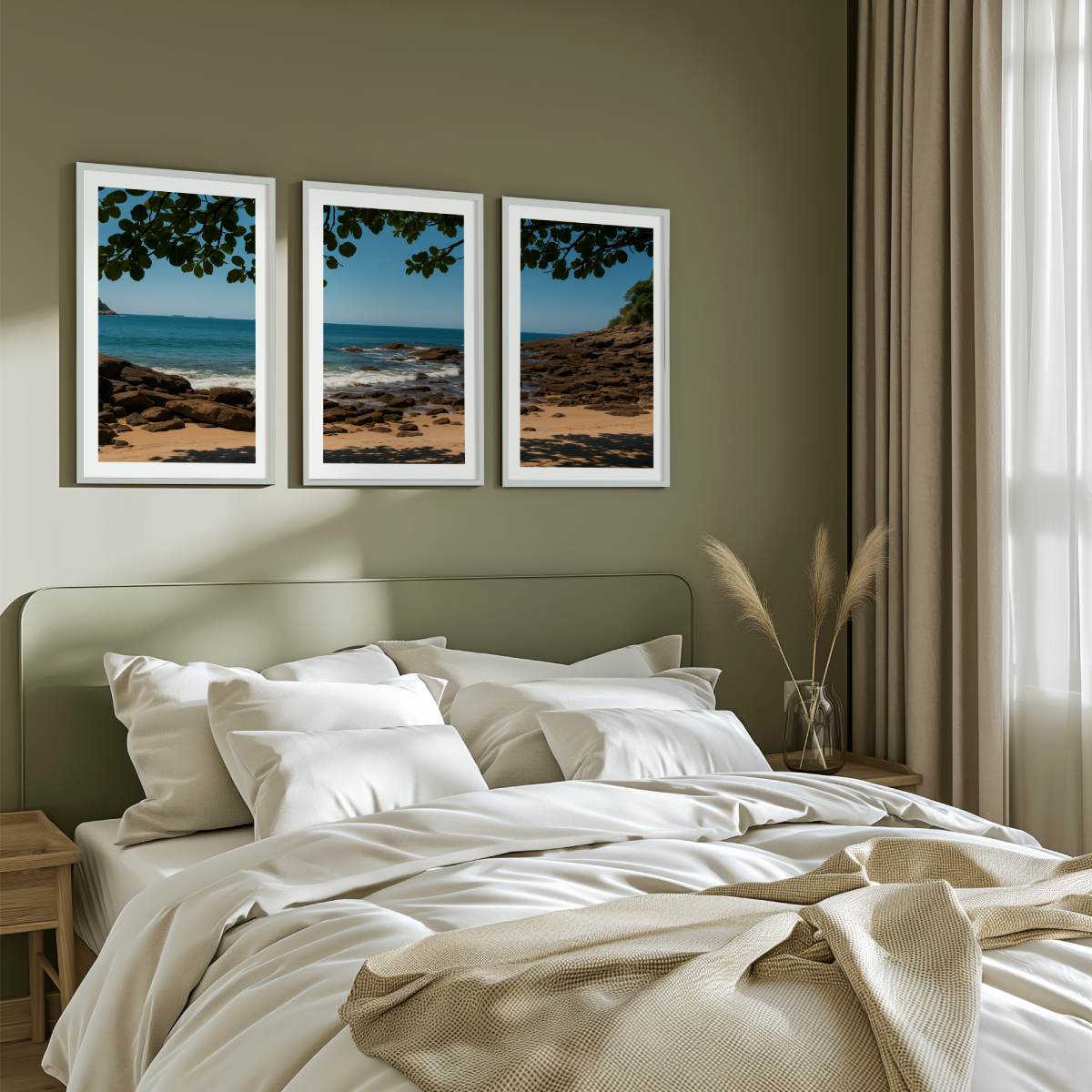 Rocky Beach Midday Shade Triptych – Tranquil Coastal Wall Art

 - White Framed Poster with White Border - Artworksets