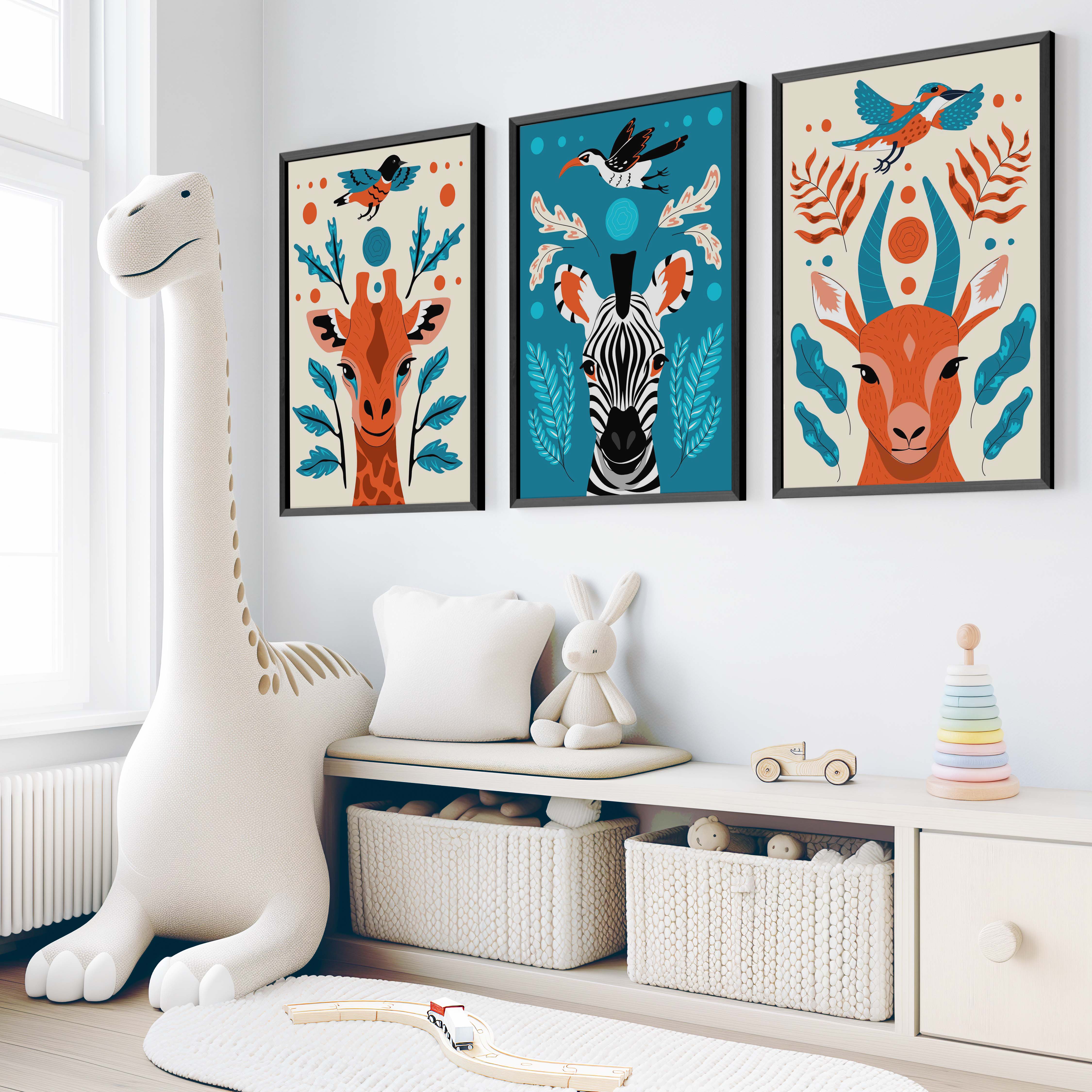 Safari Animal Prints – Colorful Nursery Wall Art Set - Black Framed Poster No Border - Artworksets