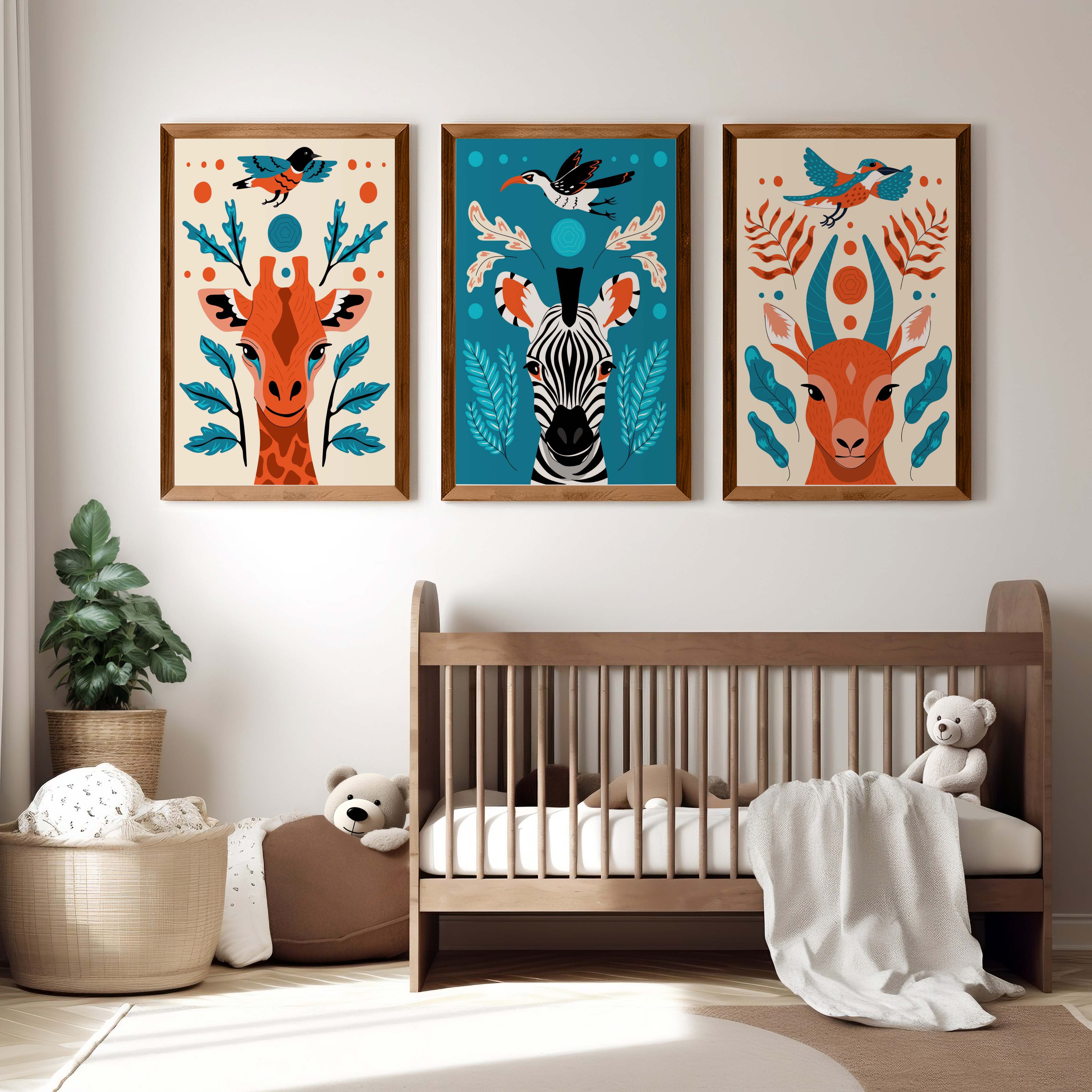 Safari Animal Prints – Colorful Nursery Wall Art Set - Dark Brown Framed Poster No Border - Artworksets