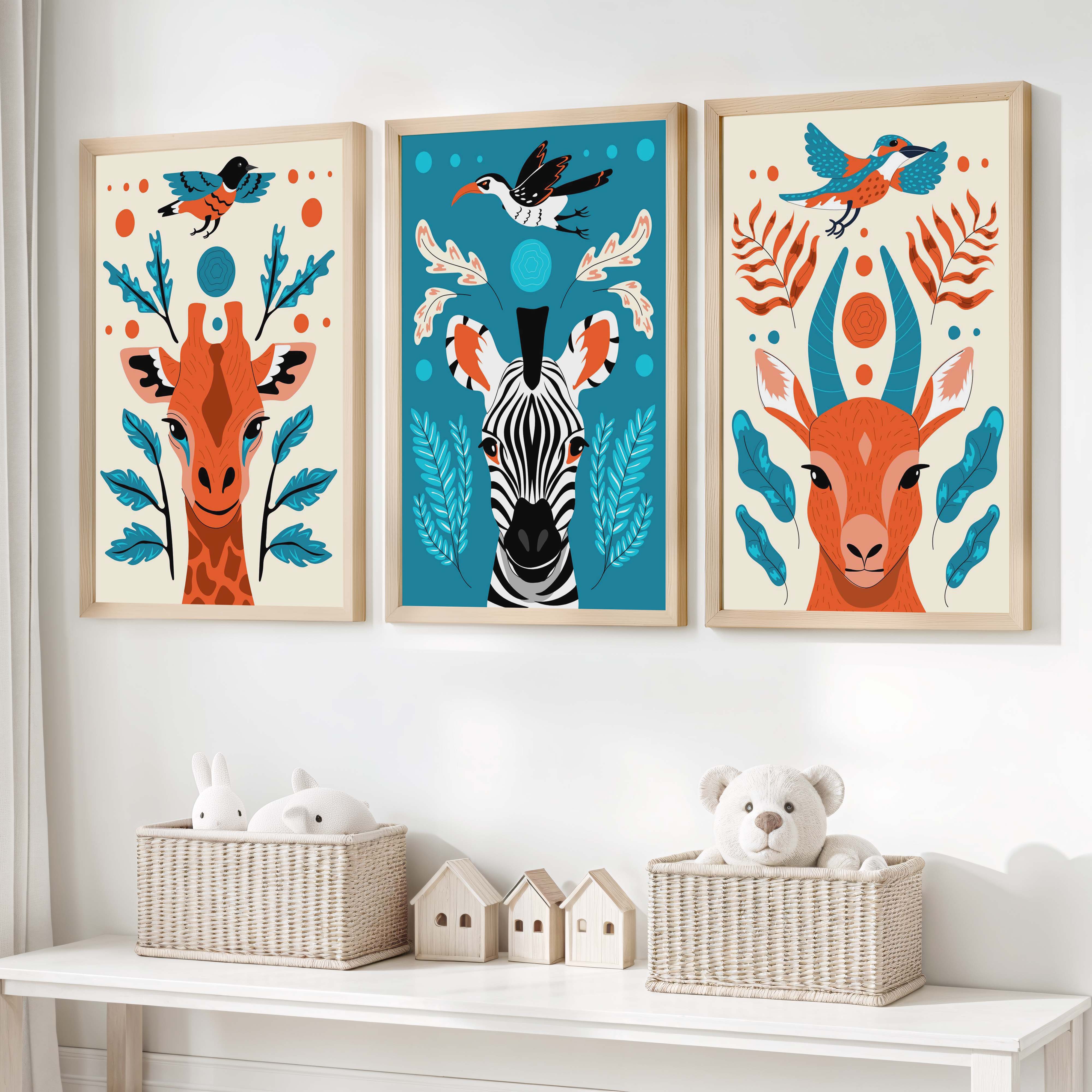 Safari Animal Prints – Colorful Nursery Wall Art Set - Natural Wood Framed Poster No Border - Artworksets
