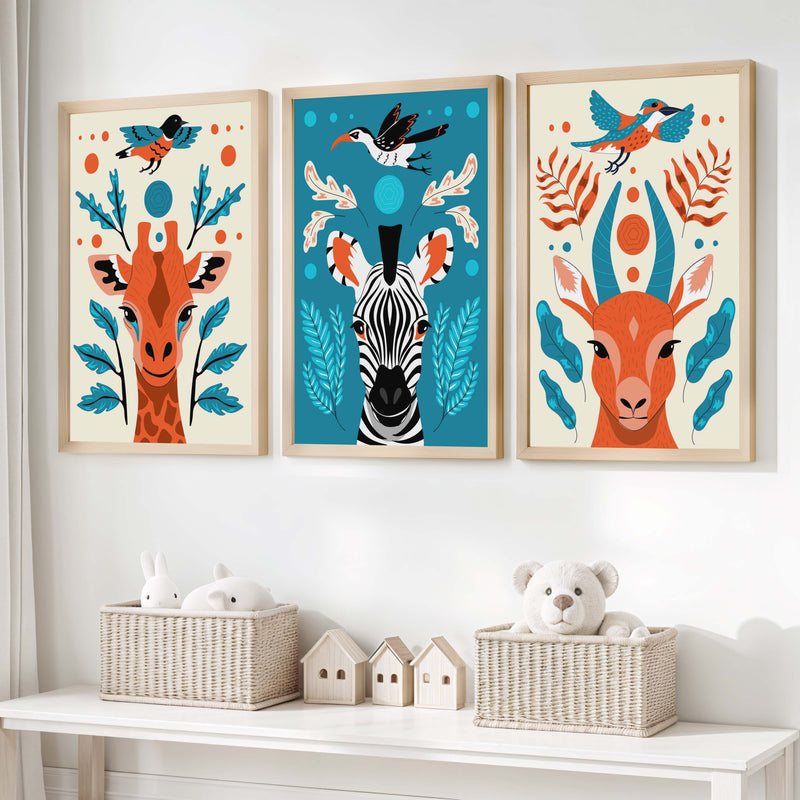 Safari Animal Prints – Colorful Nursery Wall Art Set - Natural Wood Framed Poster No Border - Artworksets