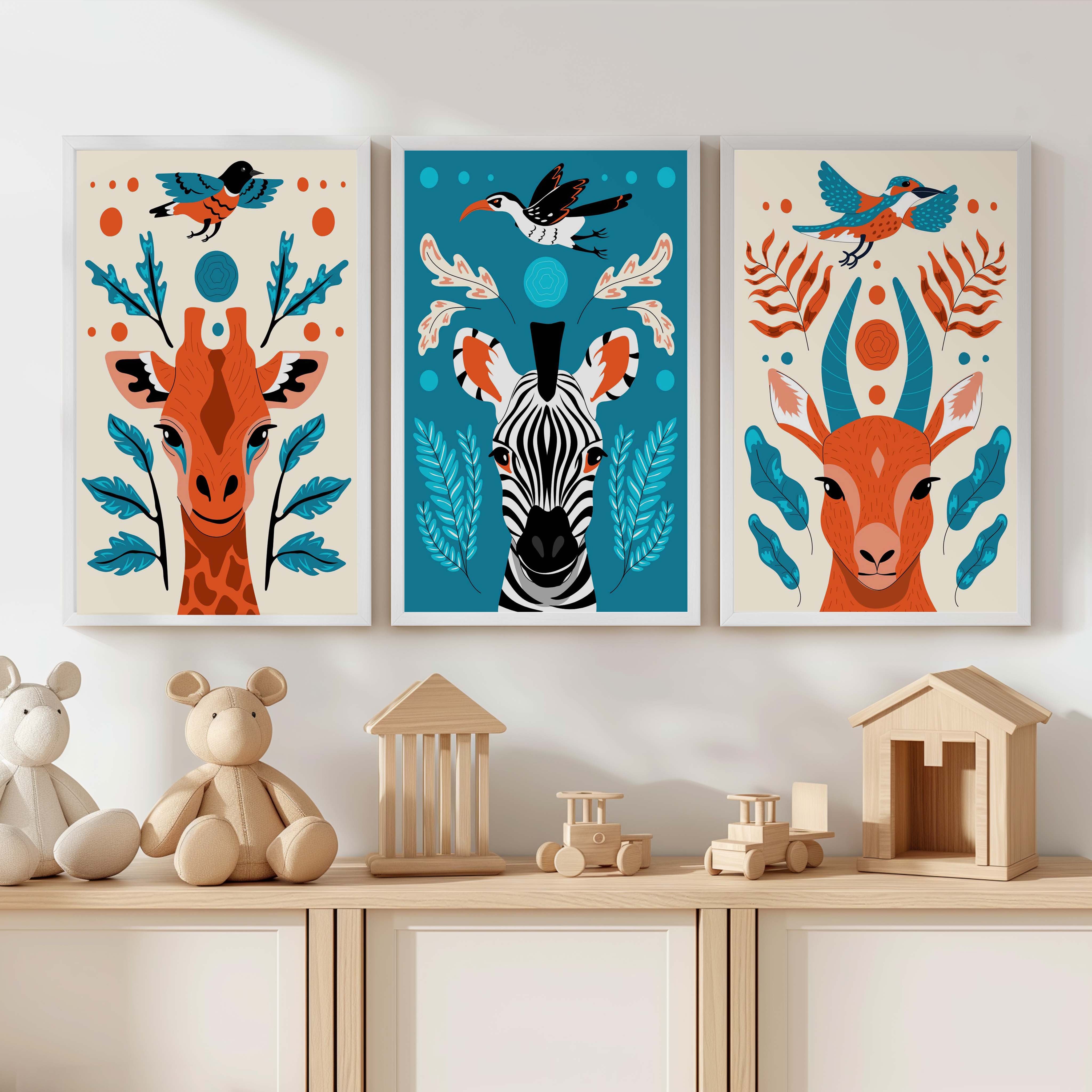 Safari Animal Prints – Colorful Nursery Wall Art Set - White Framed Poster No Border - Artworksets