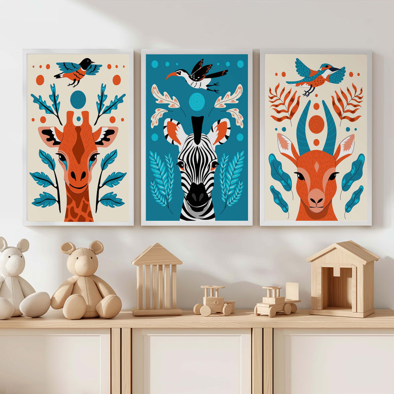 Safari Animal Prints – Colorful Nursery Wall Art Set - White Framed Poster No Border - Artworksets