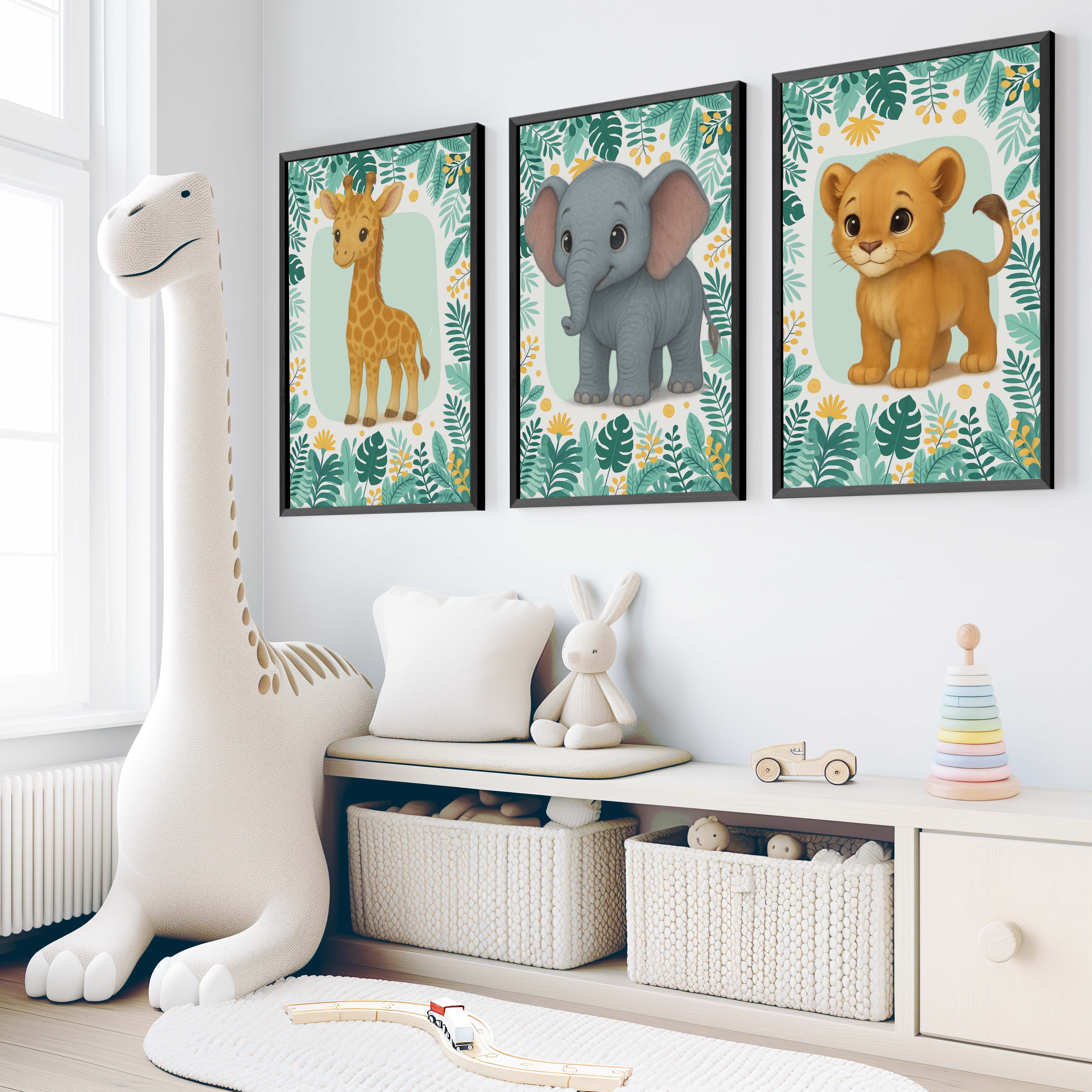 Safari Wall Decor for Nursery – Elephant, Lion & Giraffe - Black Framed Poster No Border - Artworksets