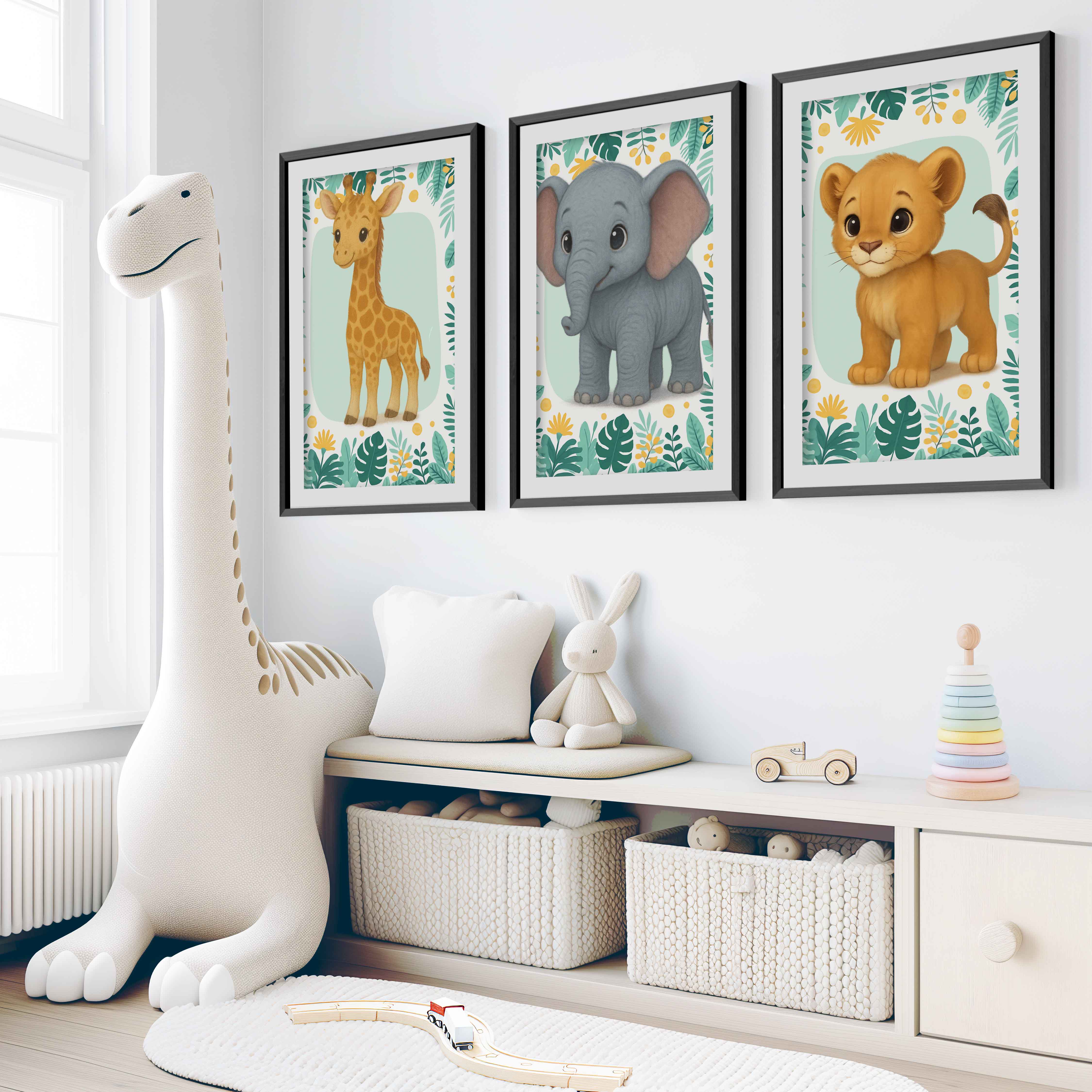 Safari Wall Decor for Nursery – Elephant, Lion & Giraffe - Black Framed Poster with White Border - Artworksets