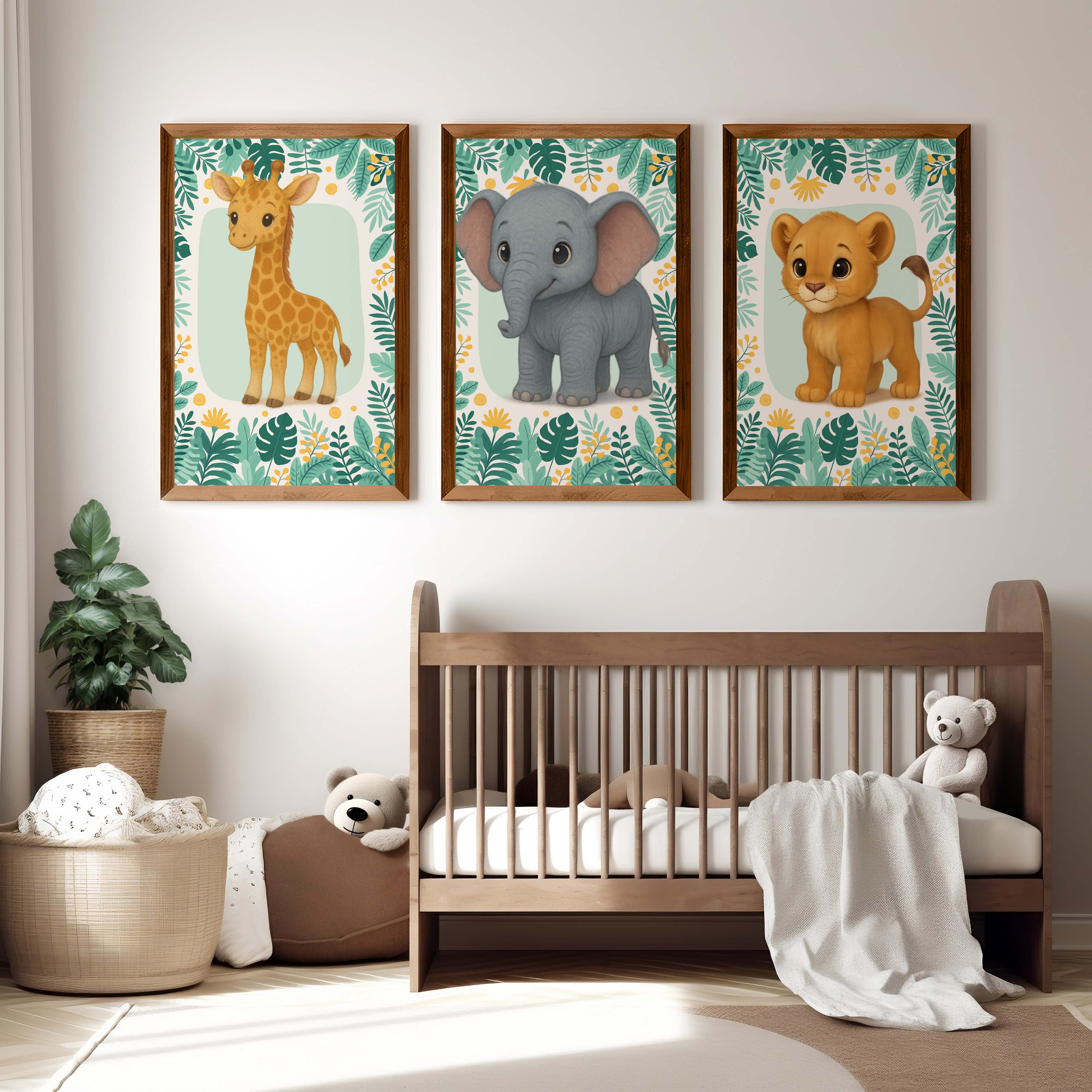 Safari Wall Decor for Nursery – Elephant, Lion & Giraffe - Dark Brown Framed Poster No Border - Artworksets