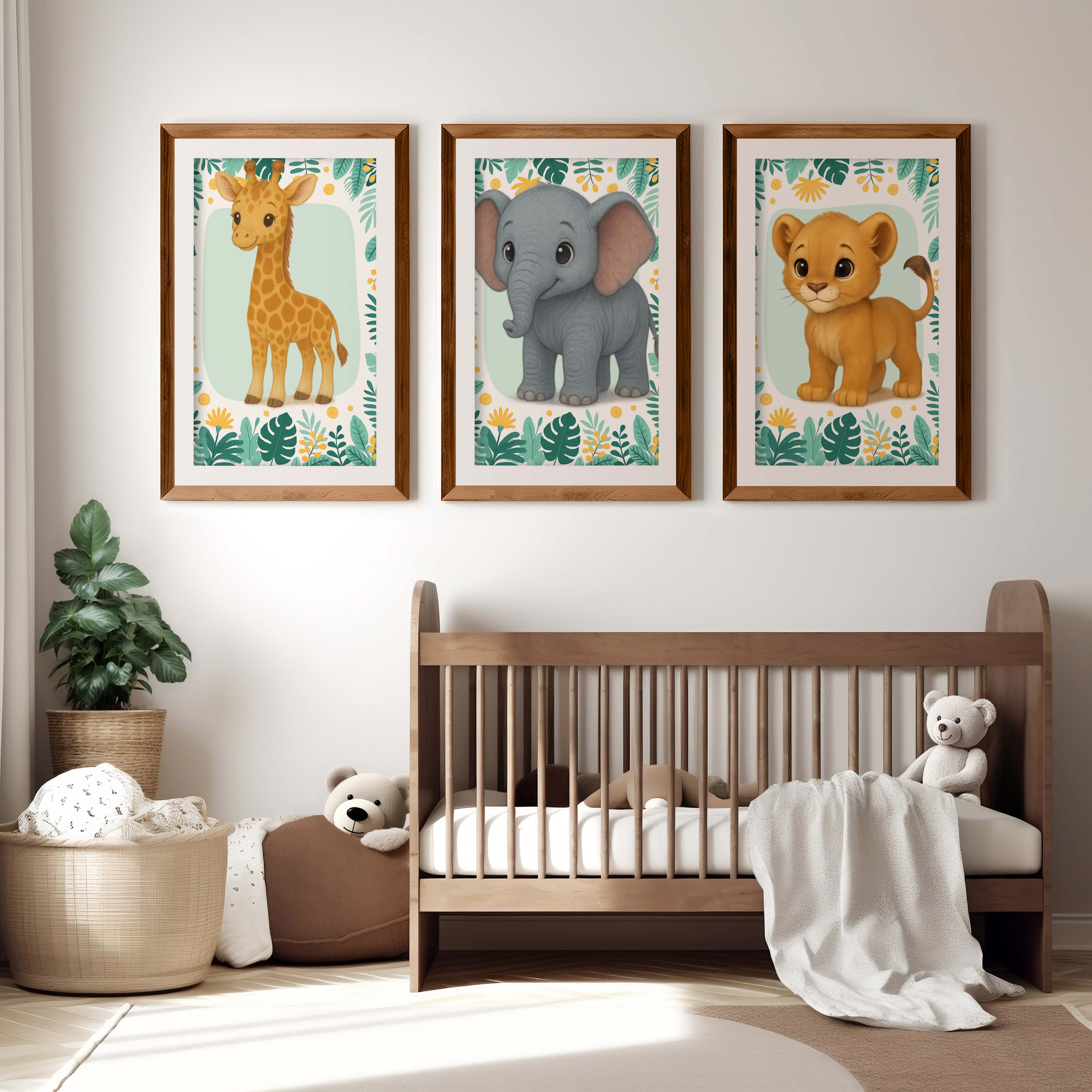 Safari Wall Decor for Nursery – Elephant, Lion & Giraffe - Dark Brown Framed Poster with White Border - Artworksets