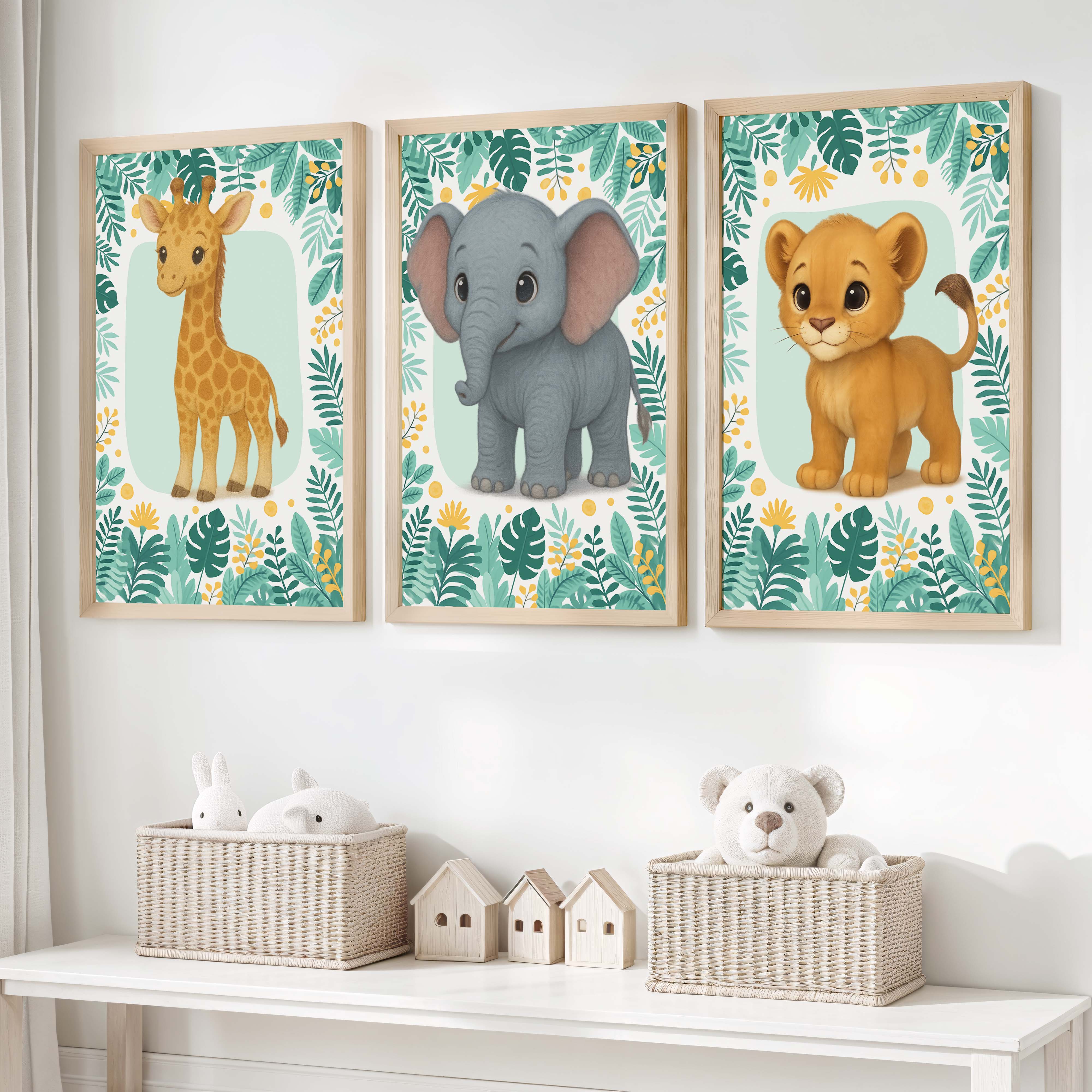 Safari Wall Decor for Nursery – Elephant, Lion & Giraffe - Natural Wood Framed Poster No Border - Artworksets