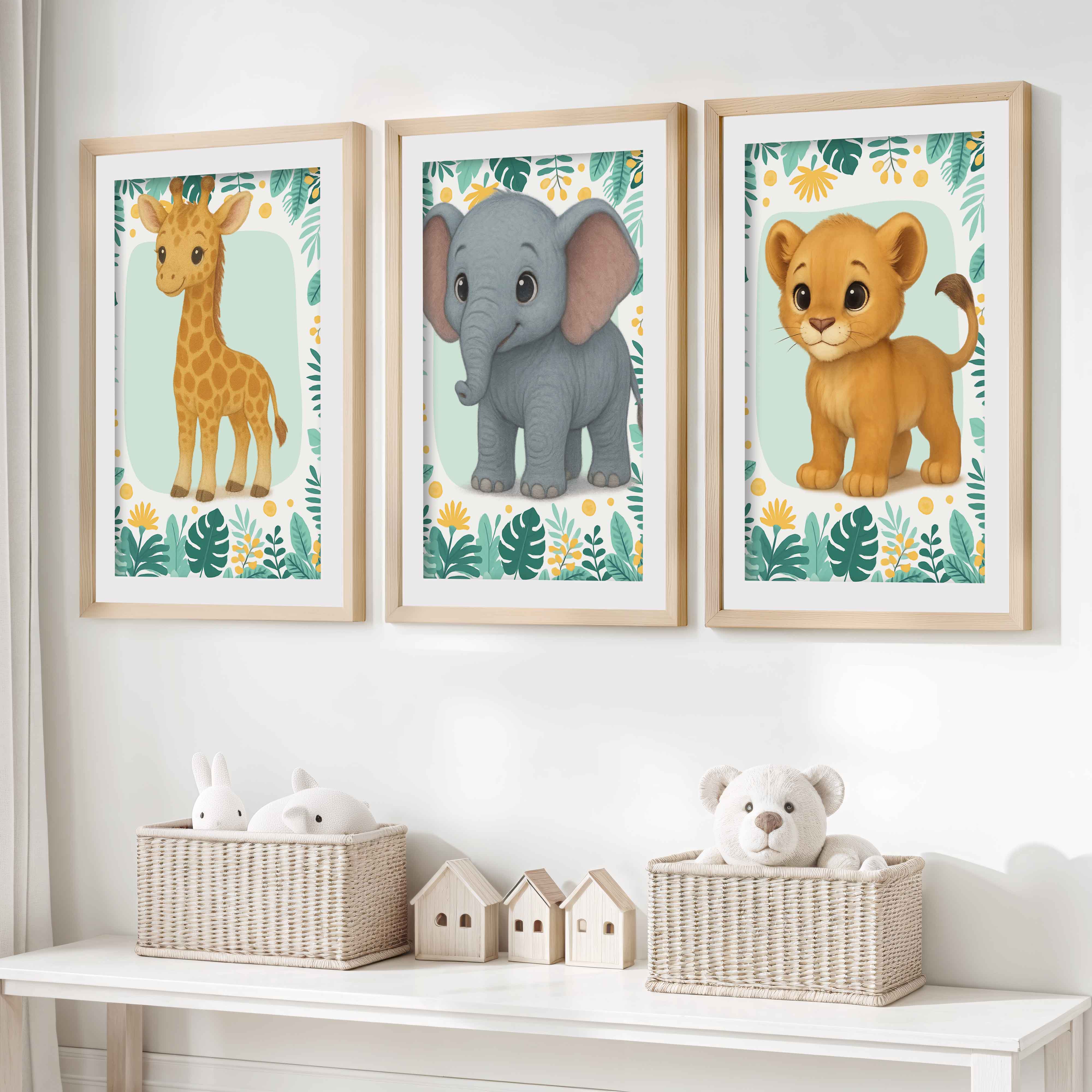 Safari Wall Decor for Nursery – Elephant, Lion & Giraffe- Natural Wood Framed Poster with White Border - Artworksets