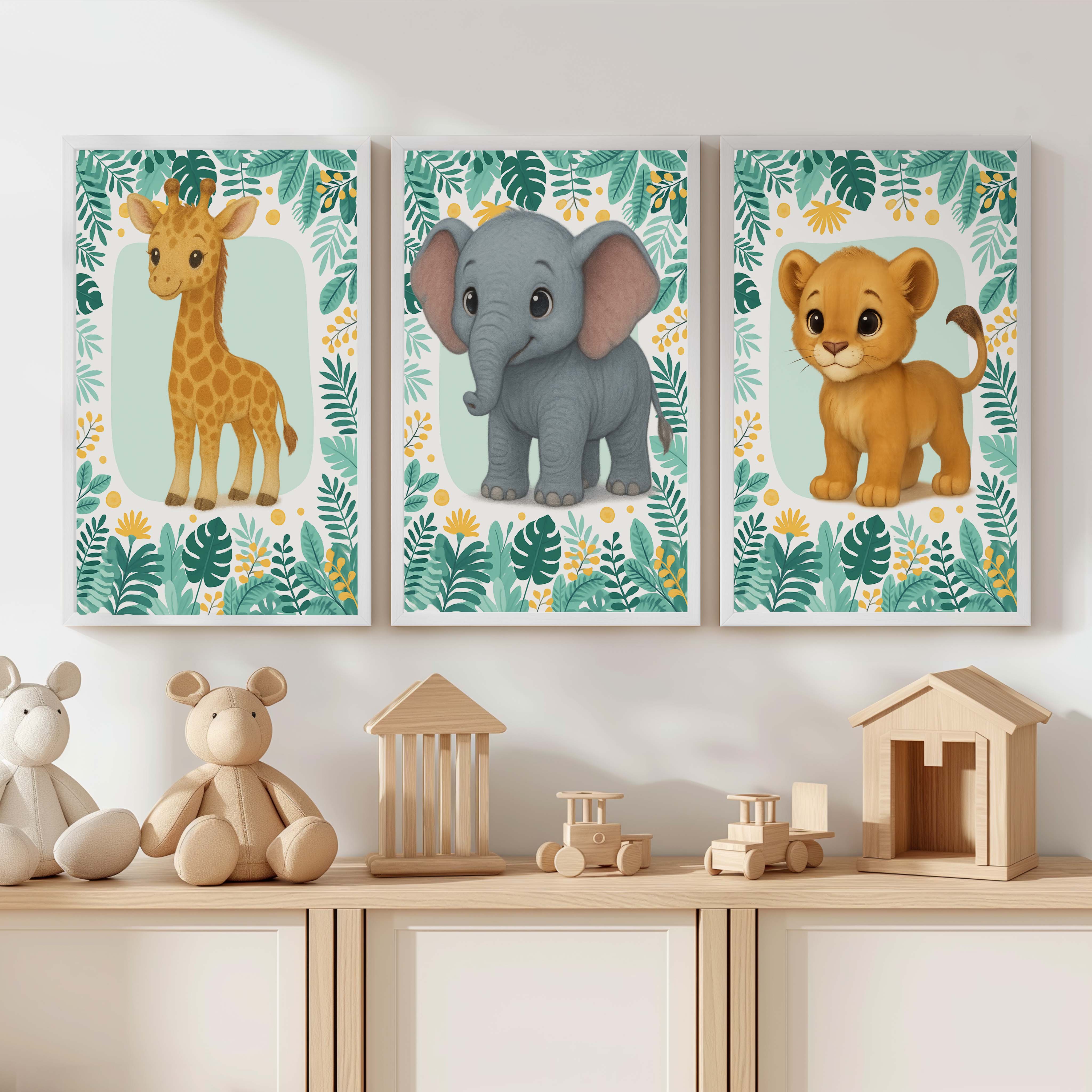 Safari Wall Decor for Nursery – Elephant, Lion & Giraffe - White Framed Poster No Border - Artworksets