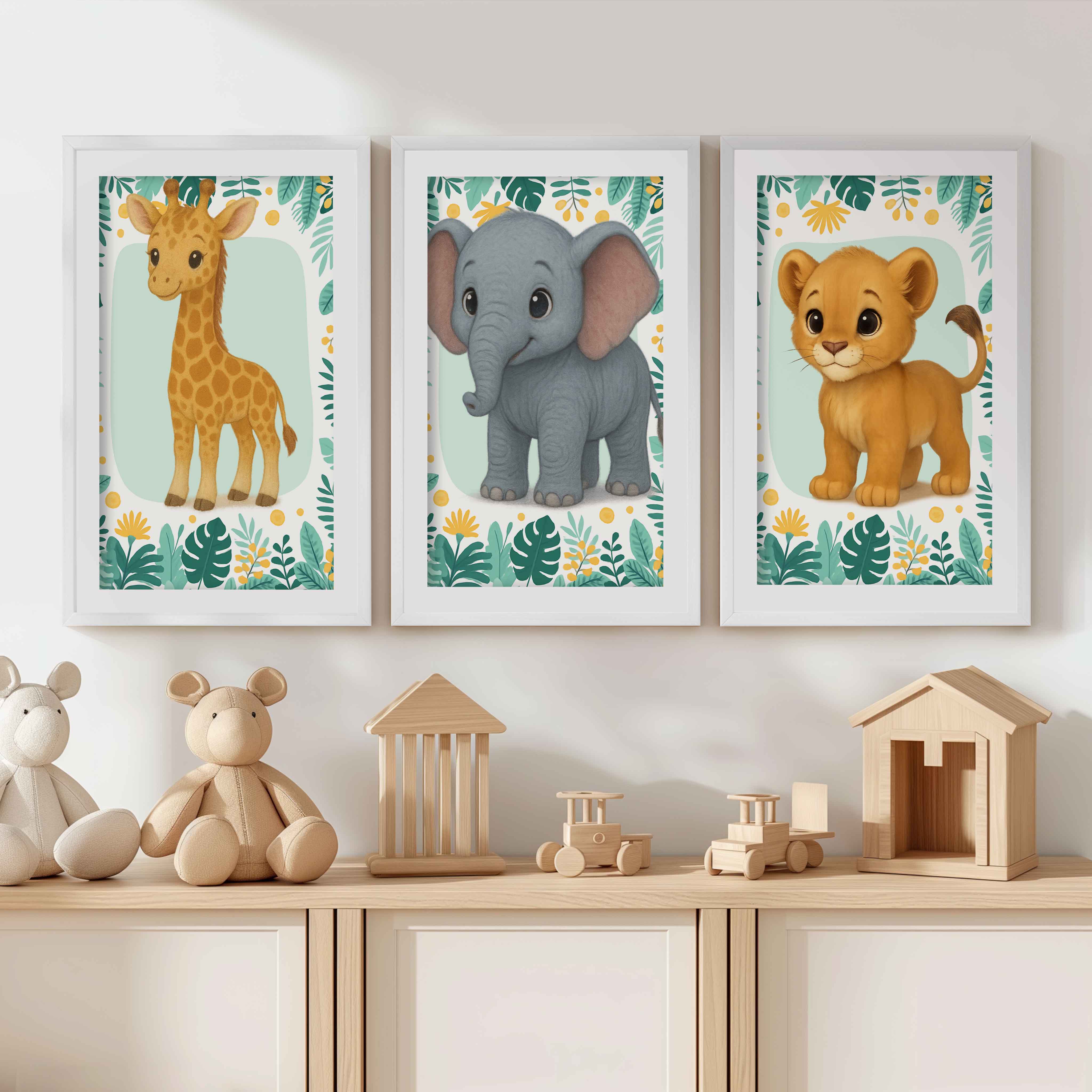 Safari Wall Decor for Nursery – Elephant, Lion & Giraffe - White Framed Poster with White Border - Artworksets