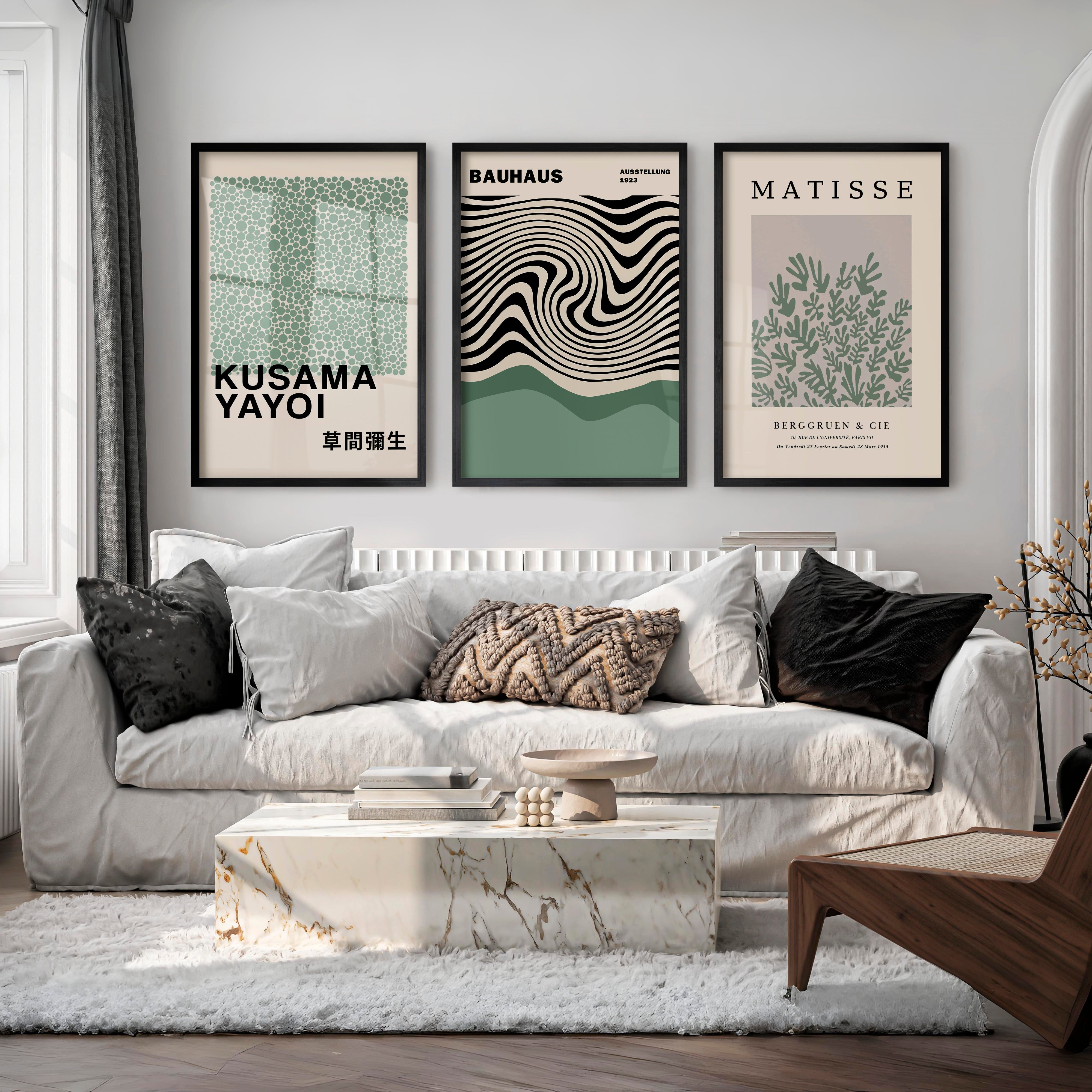 Sage Green Exhibition Art Set of 3 Prints Bauhaus Kusama Matisse - Black Framed Poster No Border - Artworksets