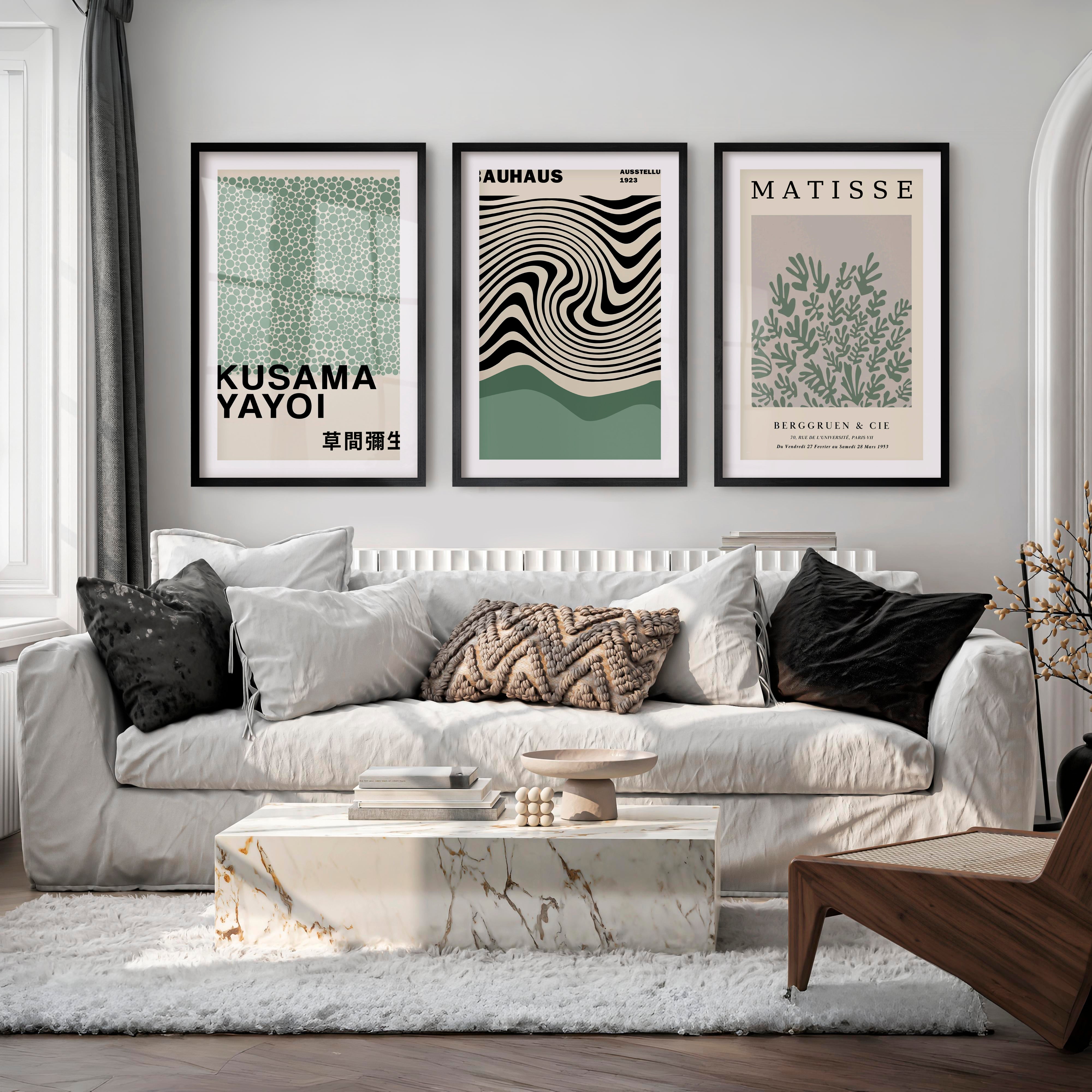 Sage Green Exhibition Art Set of 3 Prints Bauhaus Kusama Matisse - Black Framed Poster with White Border - Artworksets