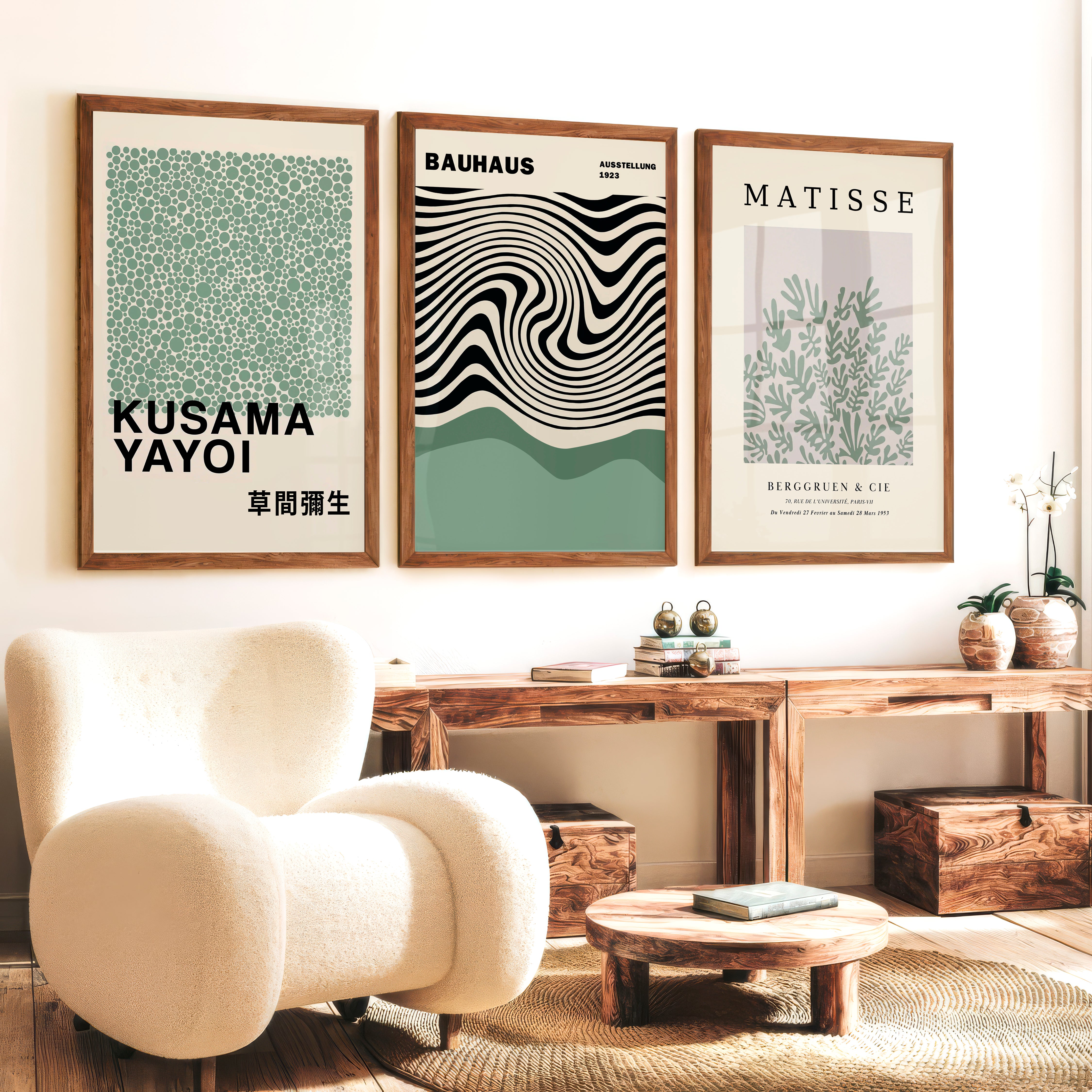 Sage Green Exhibition Art Set of 3 Prints Bauhaus Kusama Matisse - Dark Brown Framed Poster No Border - Artworksets