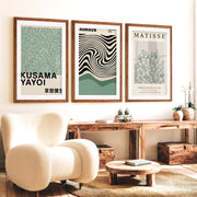 Sage Green Exhibition Art Set of 3 Prints Bauhaus Kusama Matisse - Dark Brown Framed Poster with White Border - Artworksets