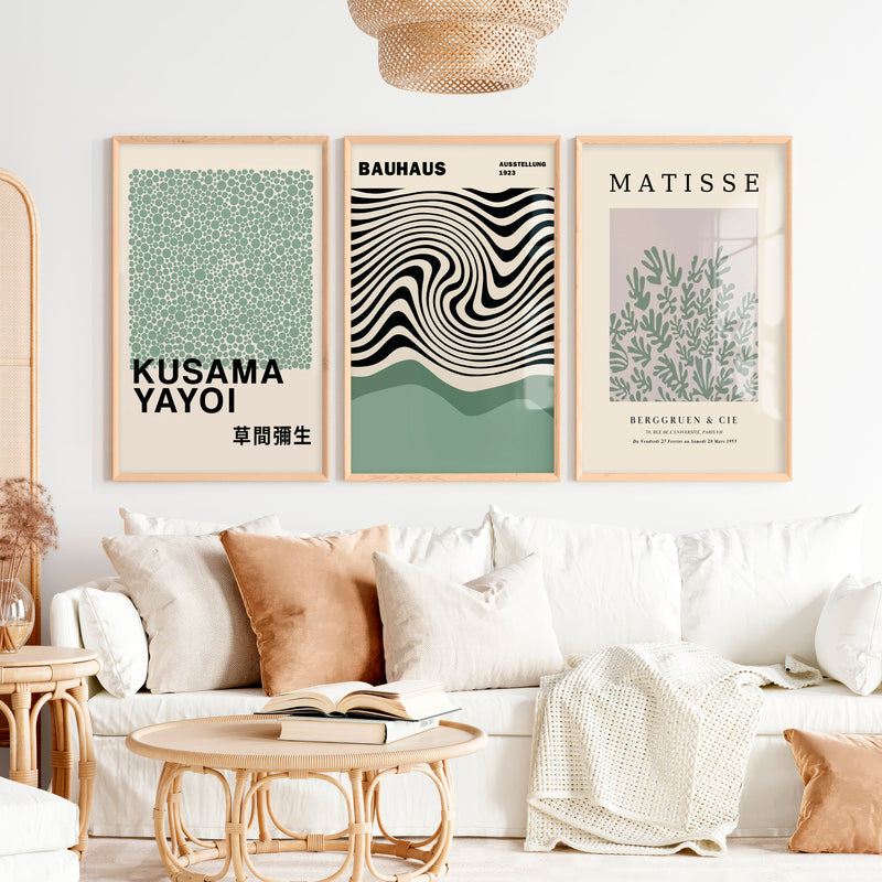 Sage Green Exhibition Art Set of 3 Prints Bauhaus Kusama Matisse - Natural Wood Framed Poster No Border - Artworksets