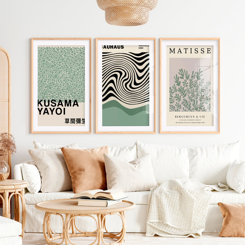 Sage Green Exhibition Art Set of 3 Prints Bauhaus Kusama Matisse- Natural Wood Framed Poster with White Border - Artworksets