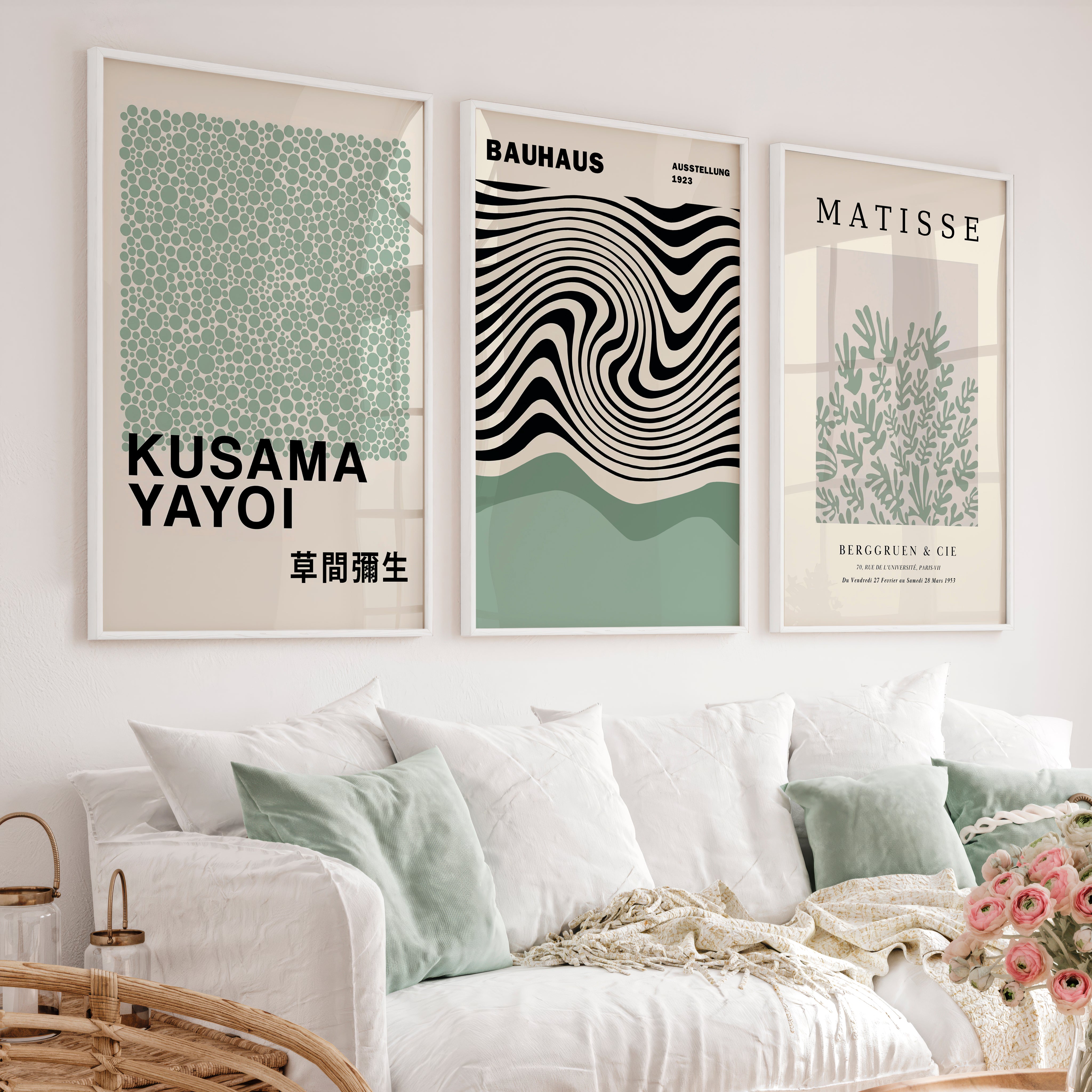 Sage Green Exhibition Art Set of 3 Prints Bauhaus Kusama Matisse - White Framed Poster No Border - Artworksets